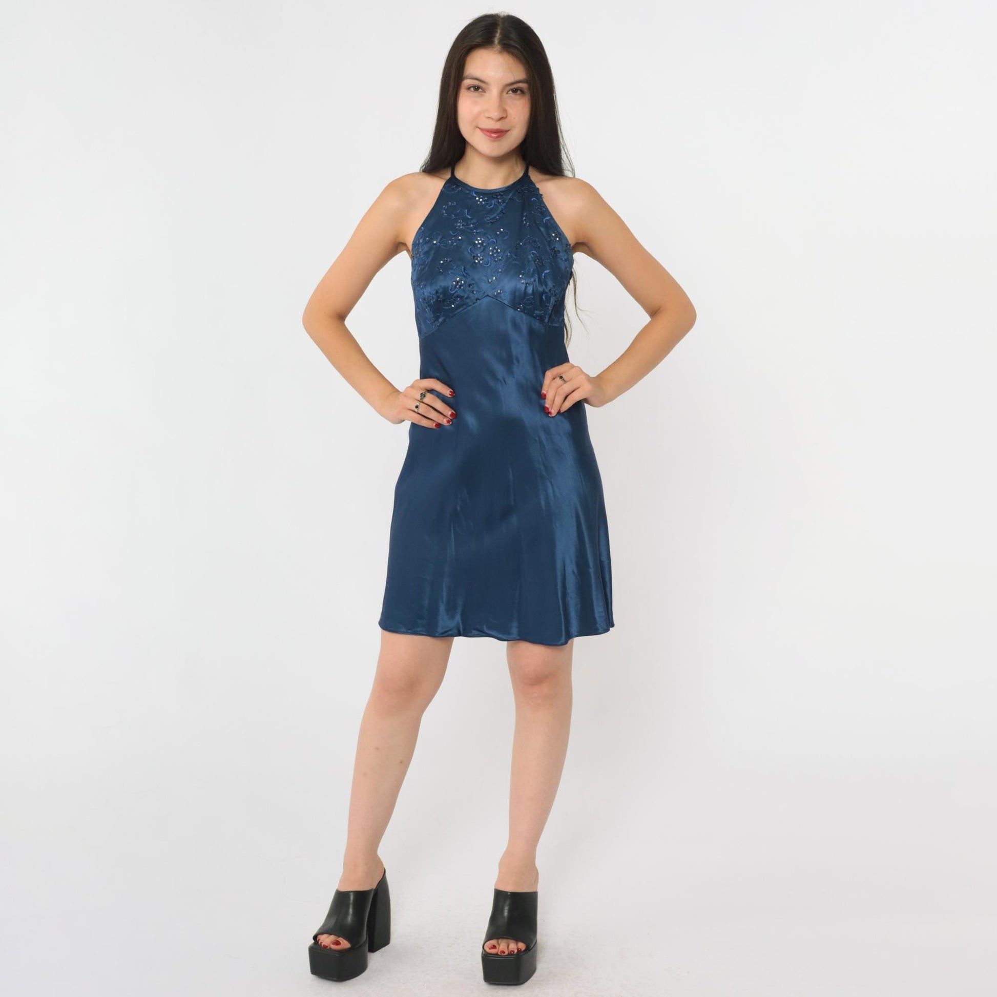 90s Zum Zum Midnight Blue Sequin Floral Halter Mini Dress Small