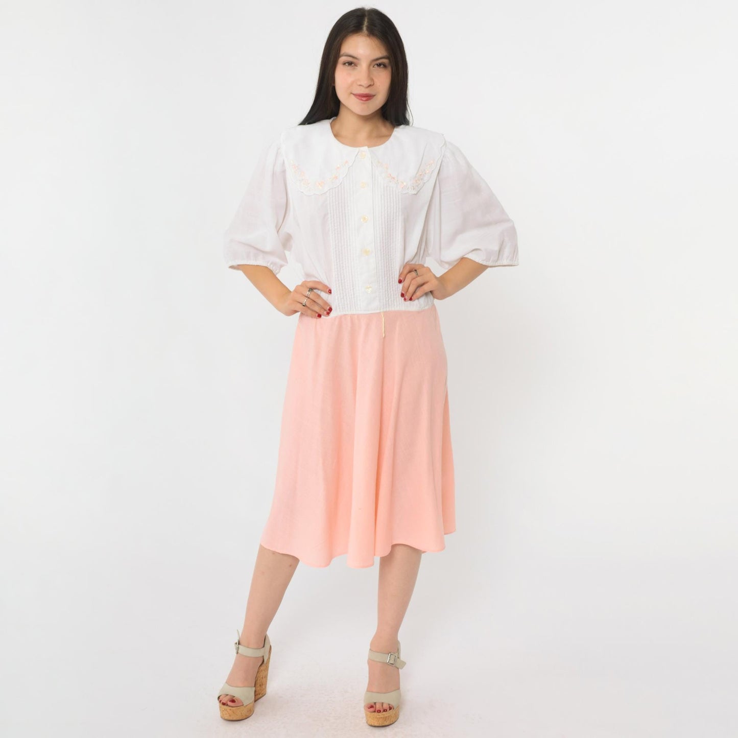 80s Leslie Fay Peter Pan Collar Midi Dress White Peach Floral Embroidered Extra Large