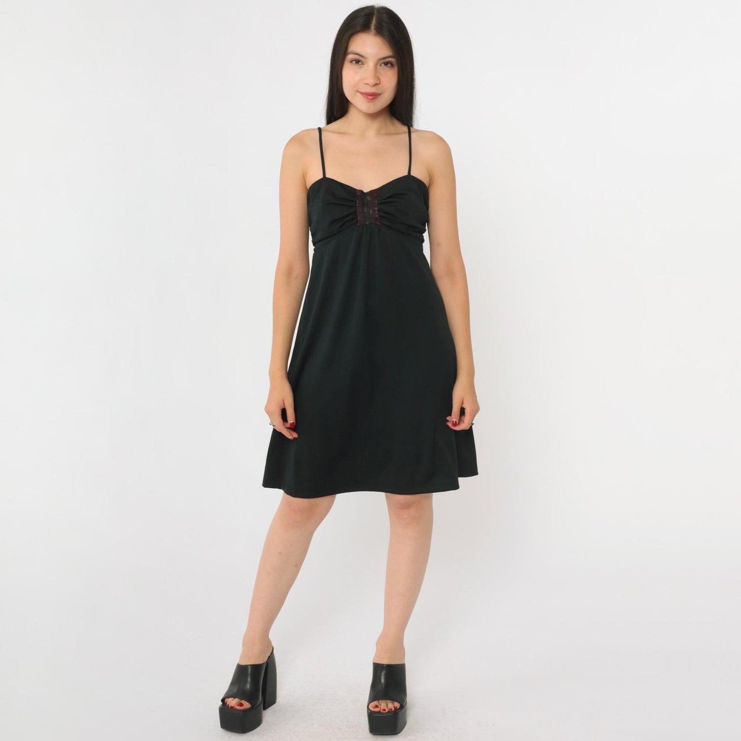 70s Black Mini Dress Empire Waist Lace Trim Spaghetti Strap Medium