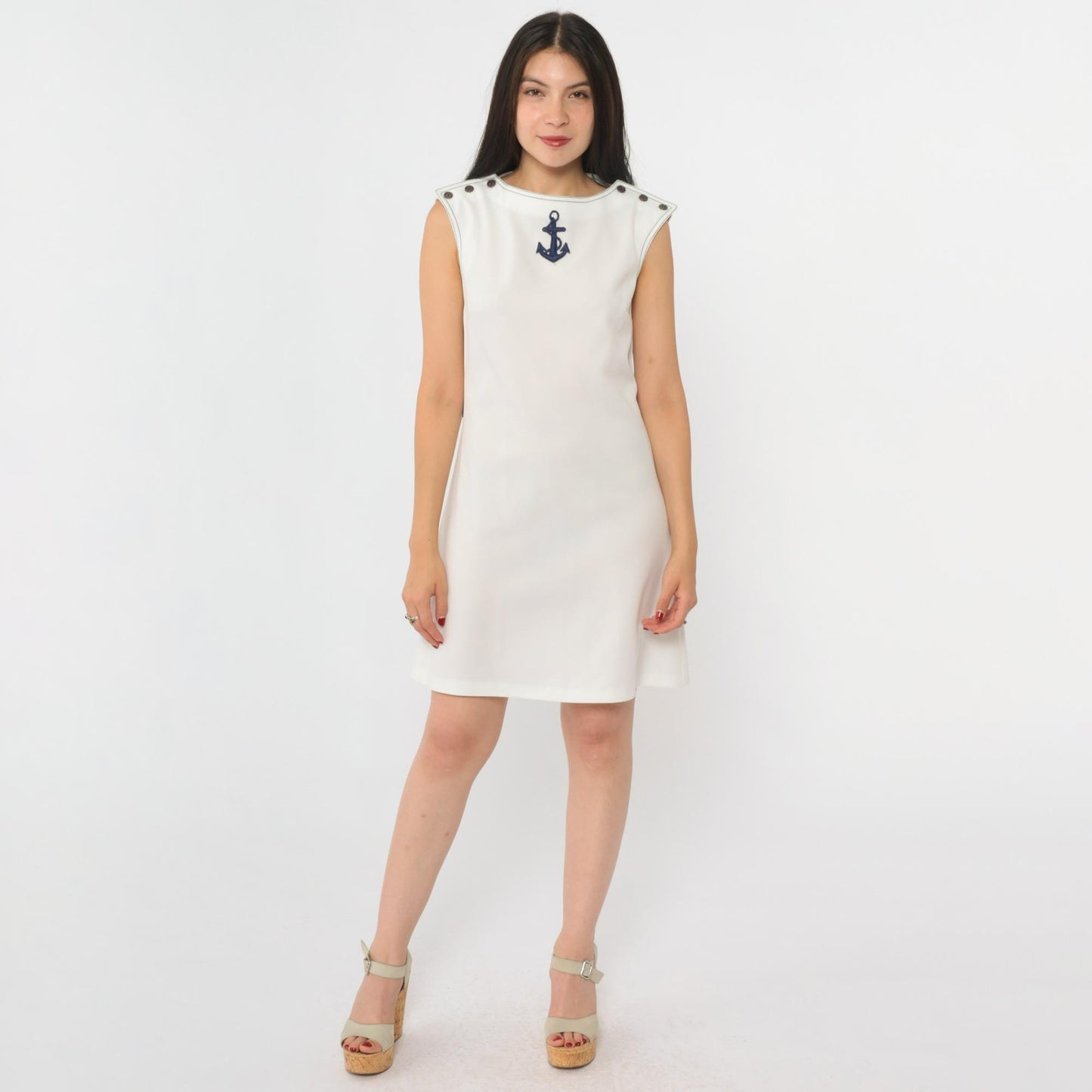 70s Caron Nautical Mini Dress Anchor Applique White Shift Sleeveless Small