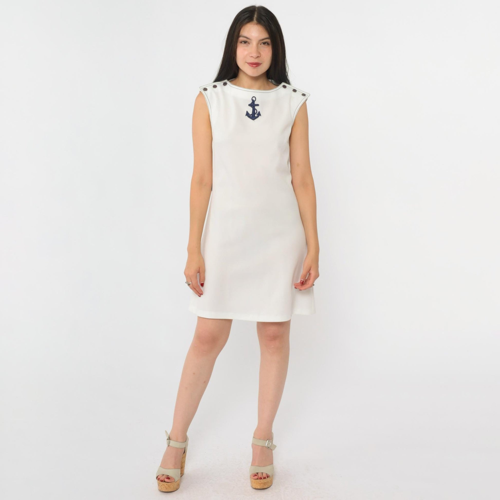 70s Caron Nautical Mini Dress Anchor Applique White Shift Sleeveless Small