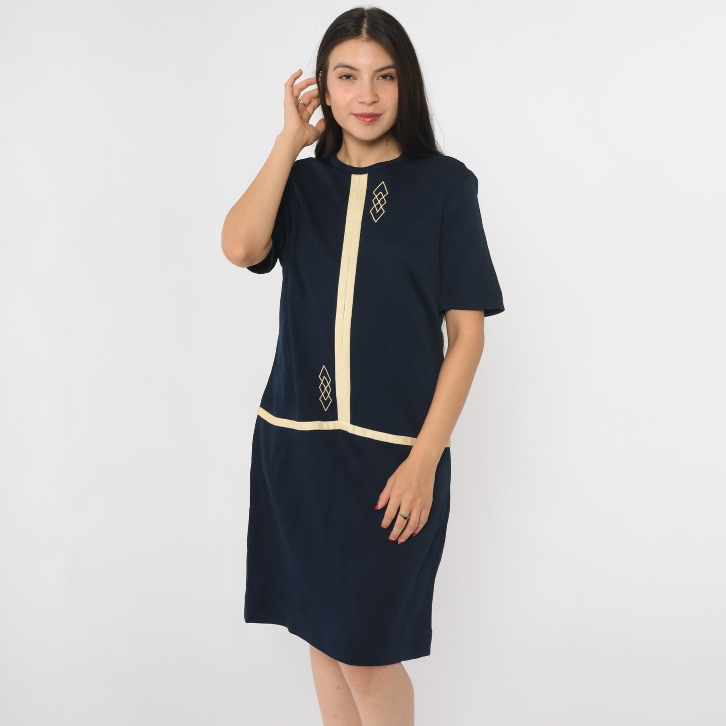1960s Mod Scooter Dress Navy Geometric Drop Waist Shift Knee-Length Medium M