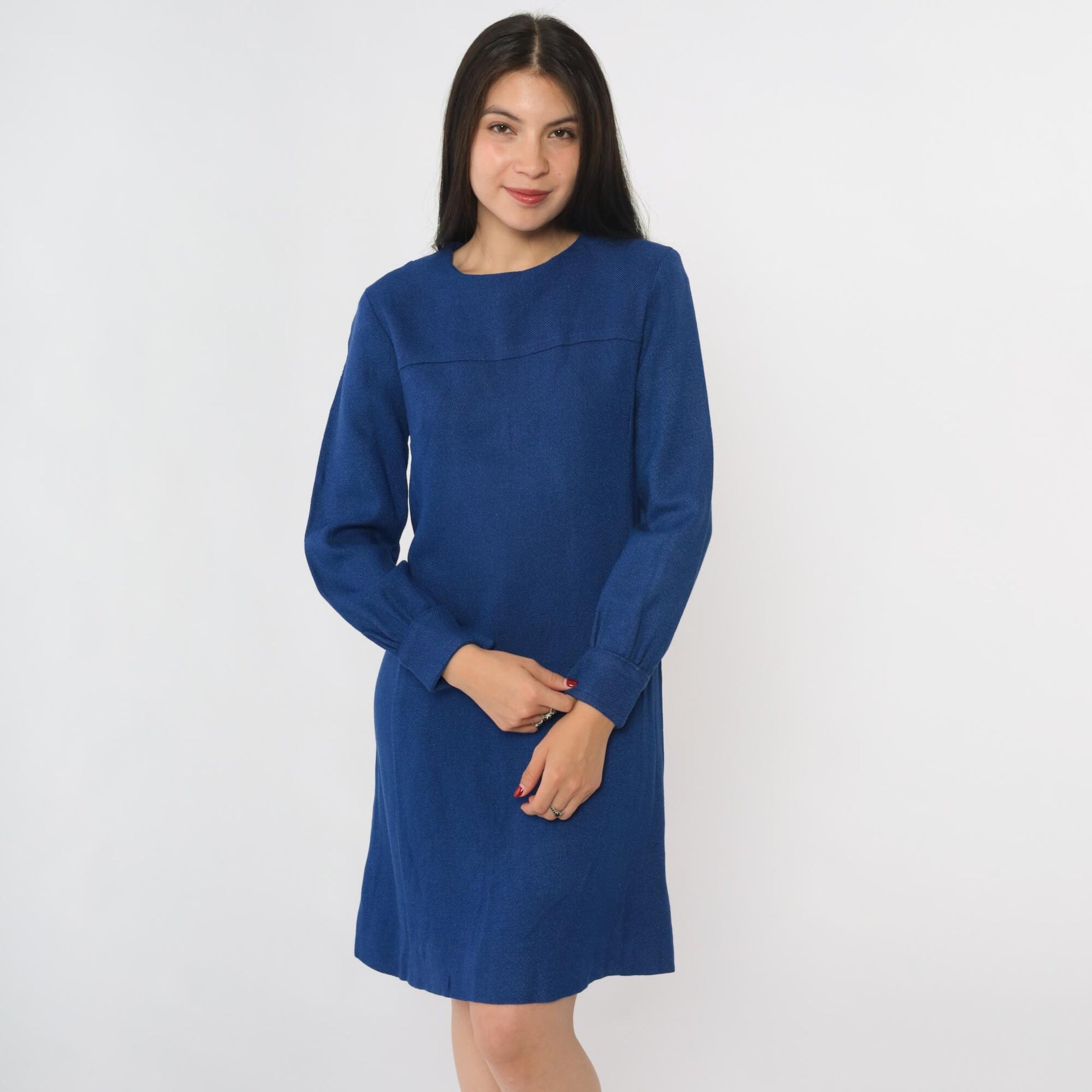 60s Blue Mod Shift Mini Dress Long Sleeve Rear Zip Extra Small