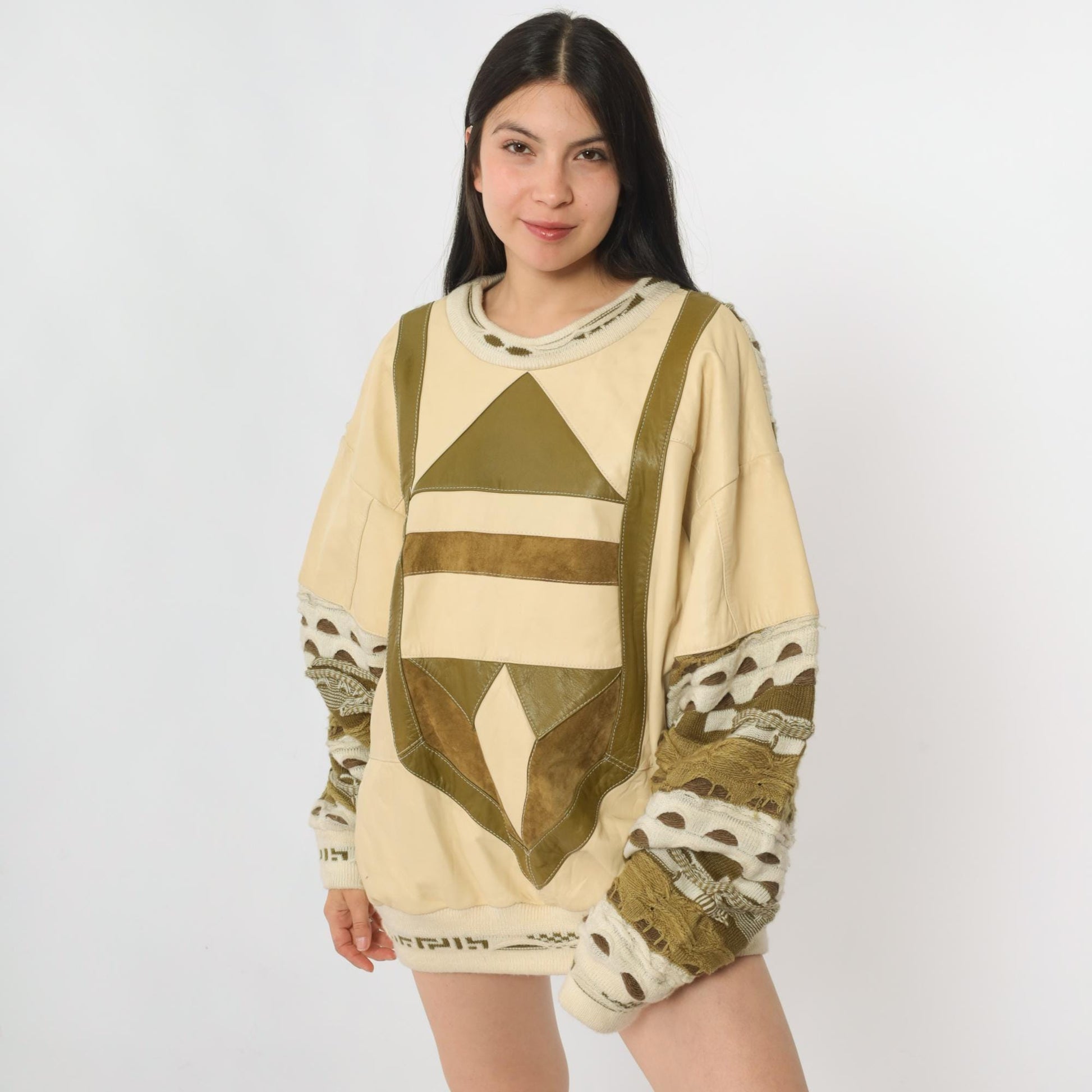 80s Patchwork Leather Sweater Cream Geometric Crewneck Large L