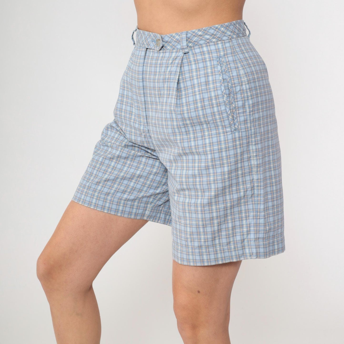 90s Liz Golf Plaid Shorts Light Blue High Waisted Pleated Small
