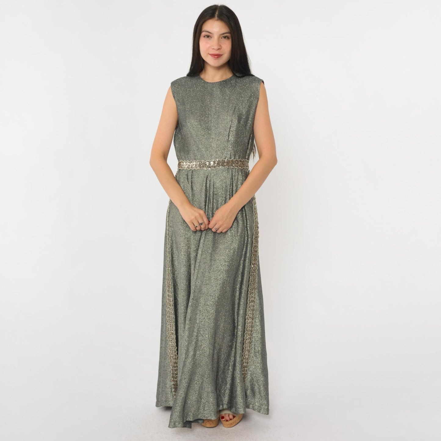 70s Silver Sequined Maxi Dress High Waisted Sleeveless Evening Gown Small