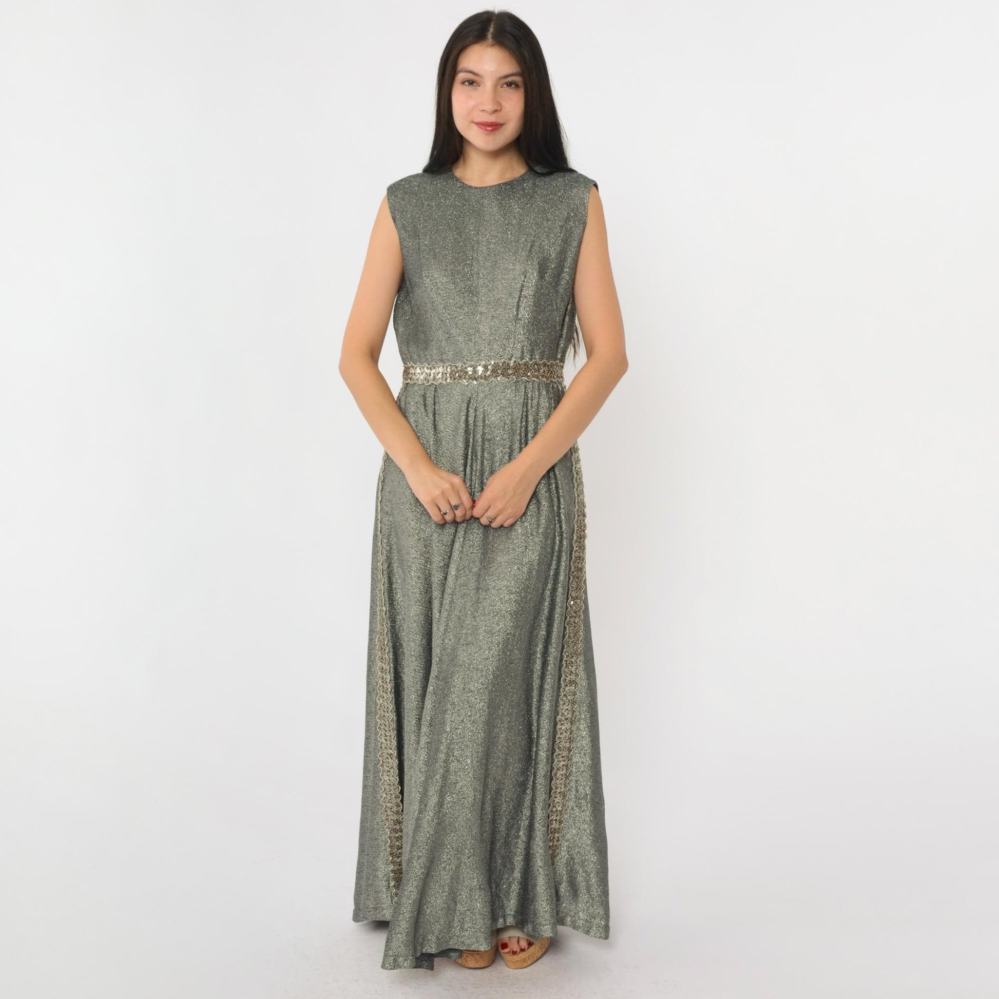 70s Silver Sequined Maxi Dress High Waisted Sleeveless Evening Gown Small