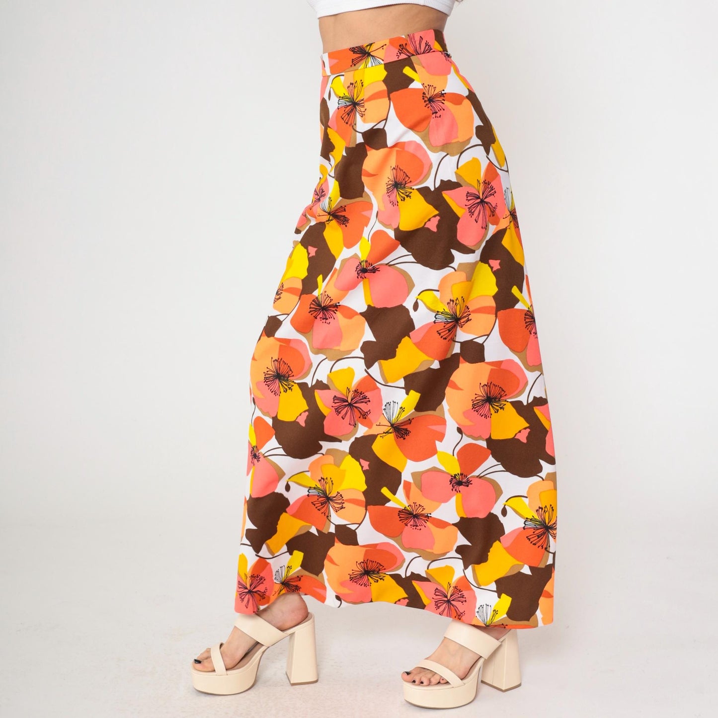 70s Floral Maxi Skirt High Waist Tropical Print Coral Orange Brown Medium