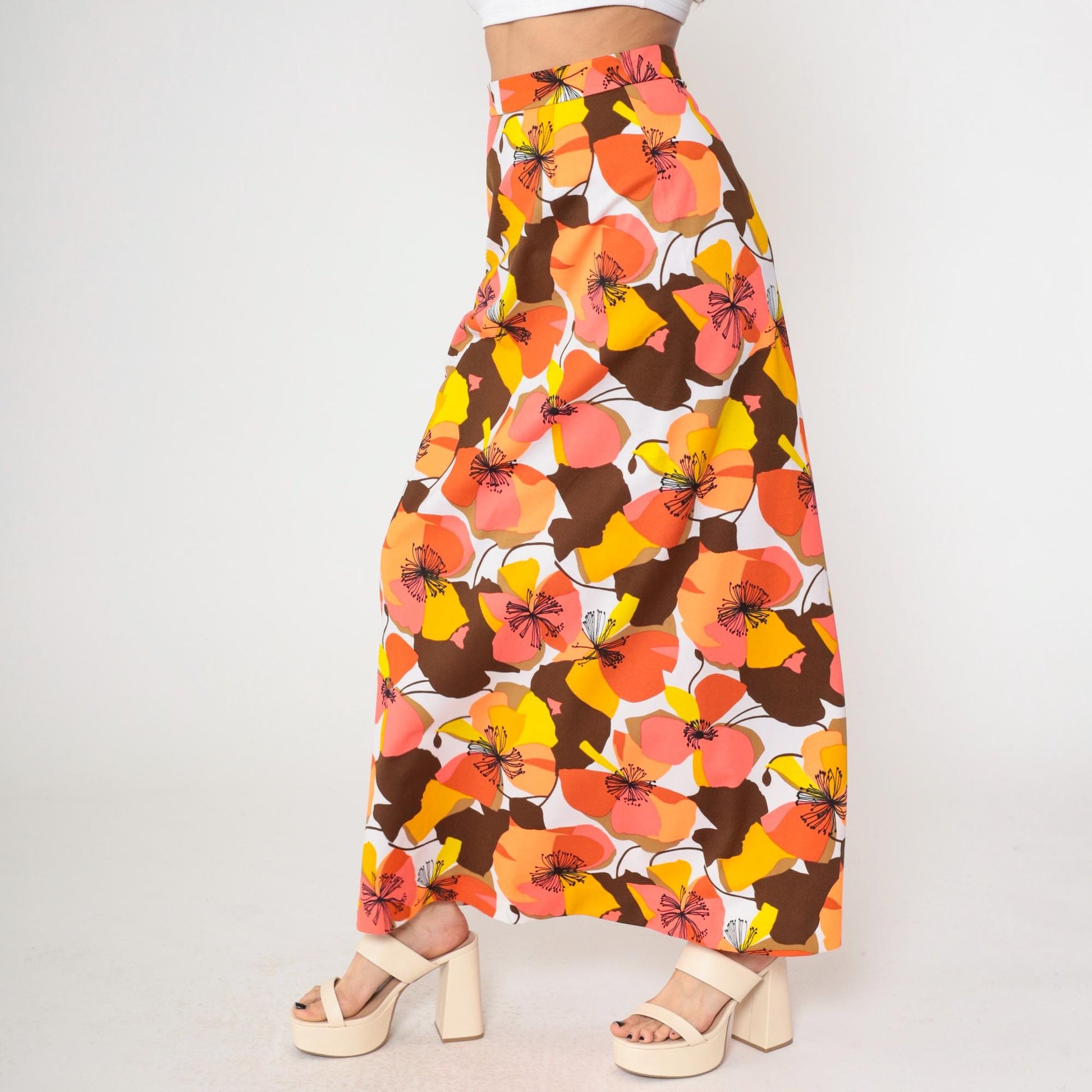 70s Floral Maxi Skirt High Waist Tropical Print Coral Orange Brown Medium