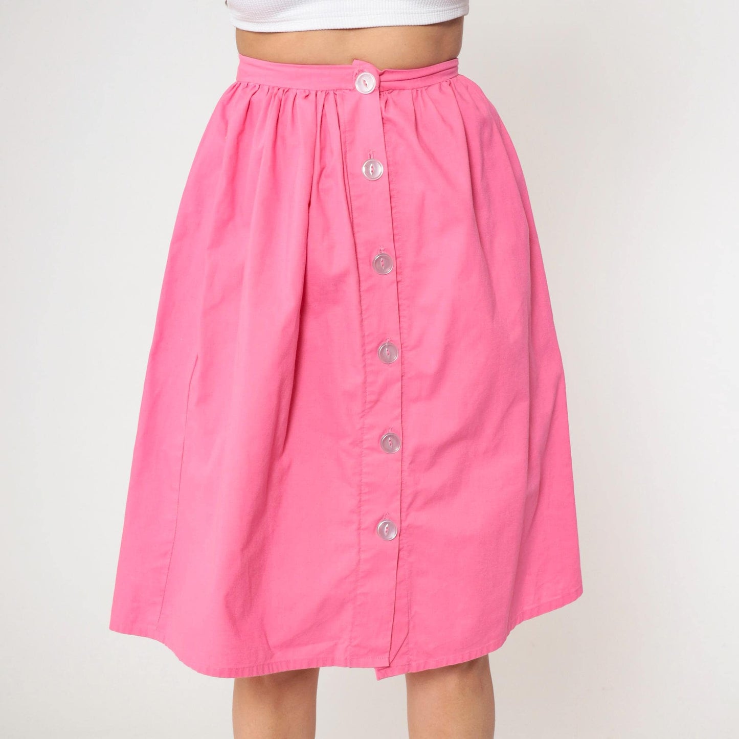 80s Bright Pink Button-Up Midi Skirt High Waist Gathered Small