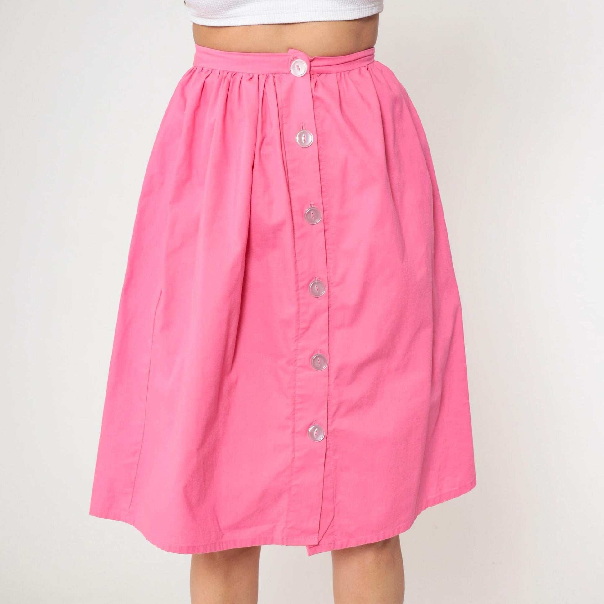 80s Bright Pink Button-Up Midi Skirt High Waist Gathered Small
