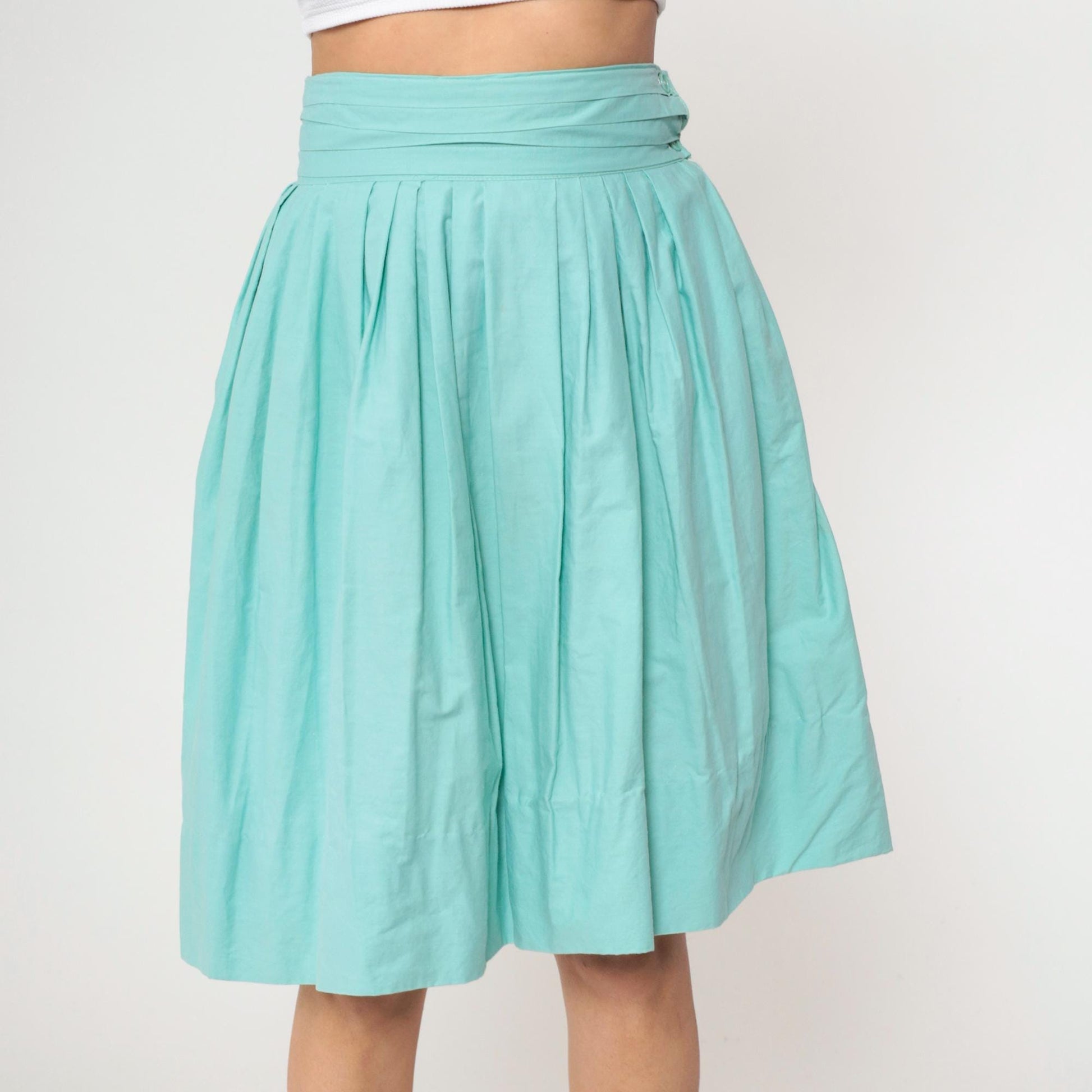 60s Seafoam Pleated High-Waist Skirt Mint Blue Knee-Length Small S