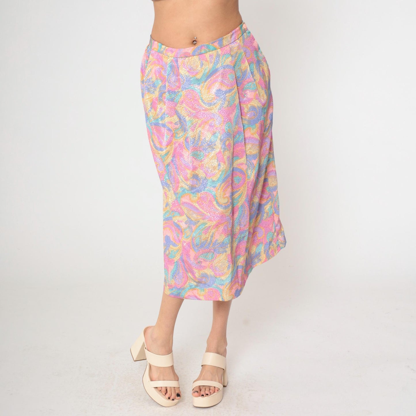 80s Pastel Paisley Midi Skirt High Waist Pleated Pockets Medium