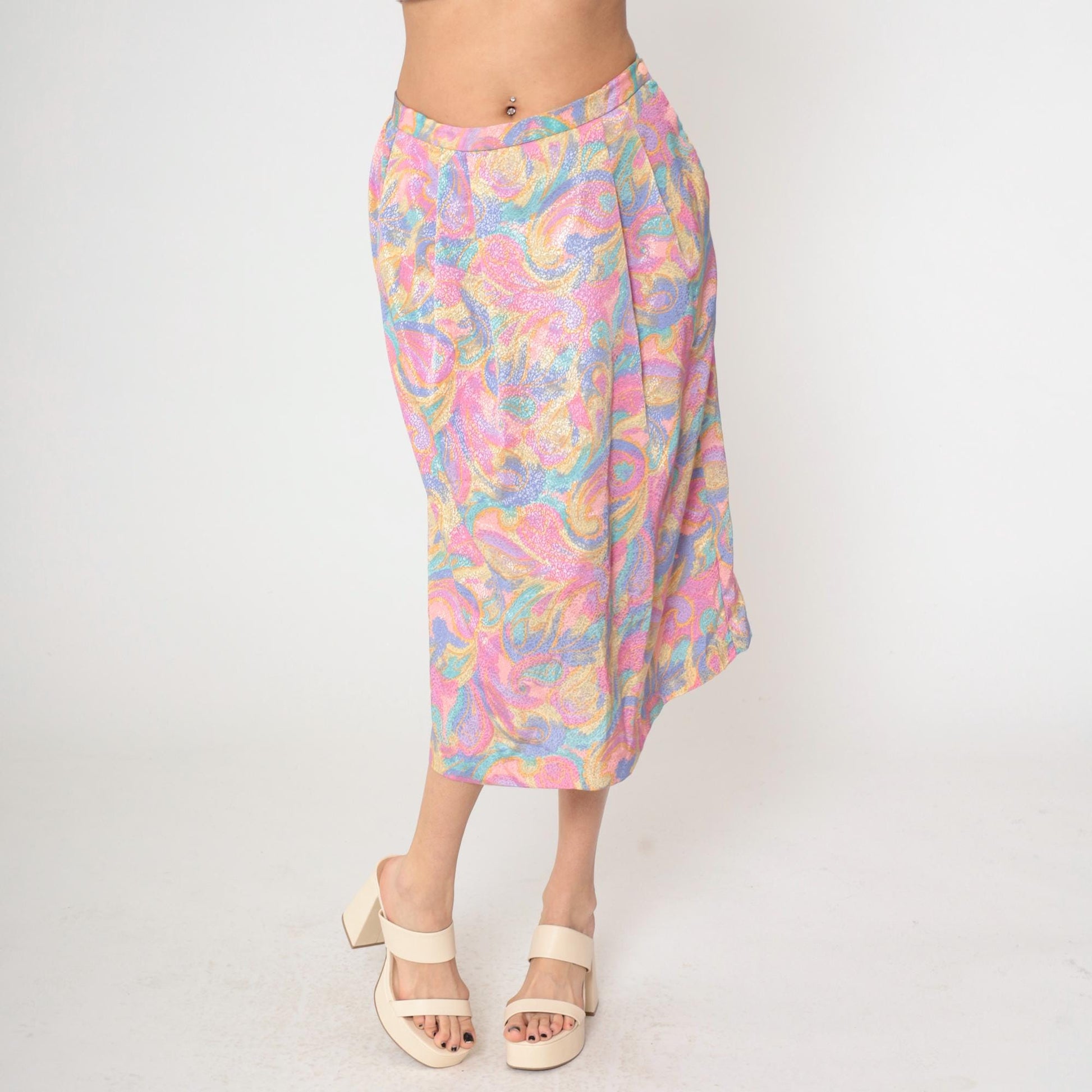 80s Pastel Paisley Midi Skirt High Waist Pleated Pockets Medium