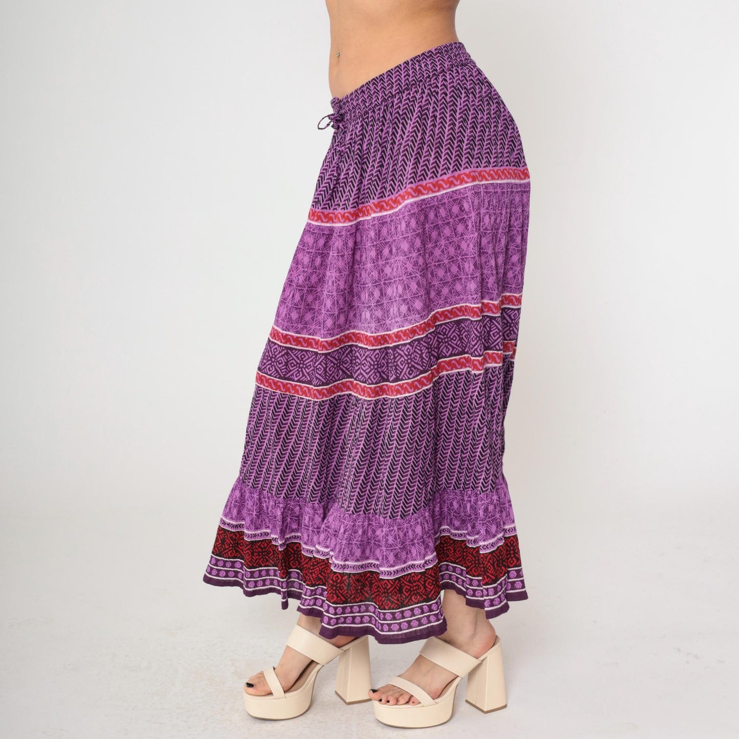 90s Purple Geometric Broomstick Maxi Skirt High Waist Drawstring Plus Size XXL