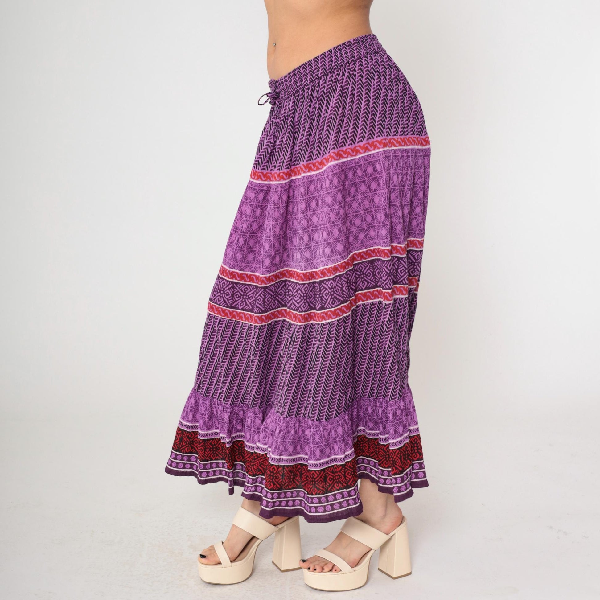 90s Purple Geometric Broomstick Maxi Skirt High Waist Drawstring Plus Size XXL