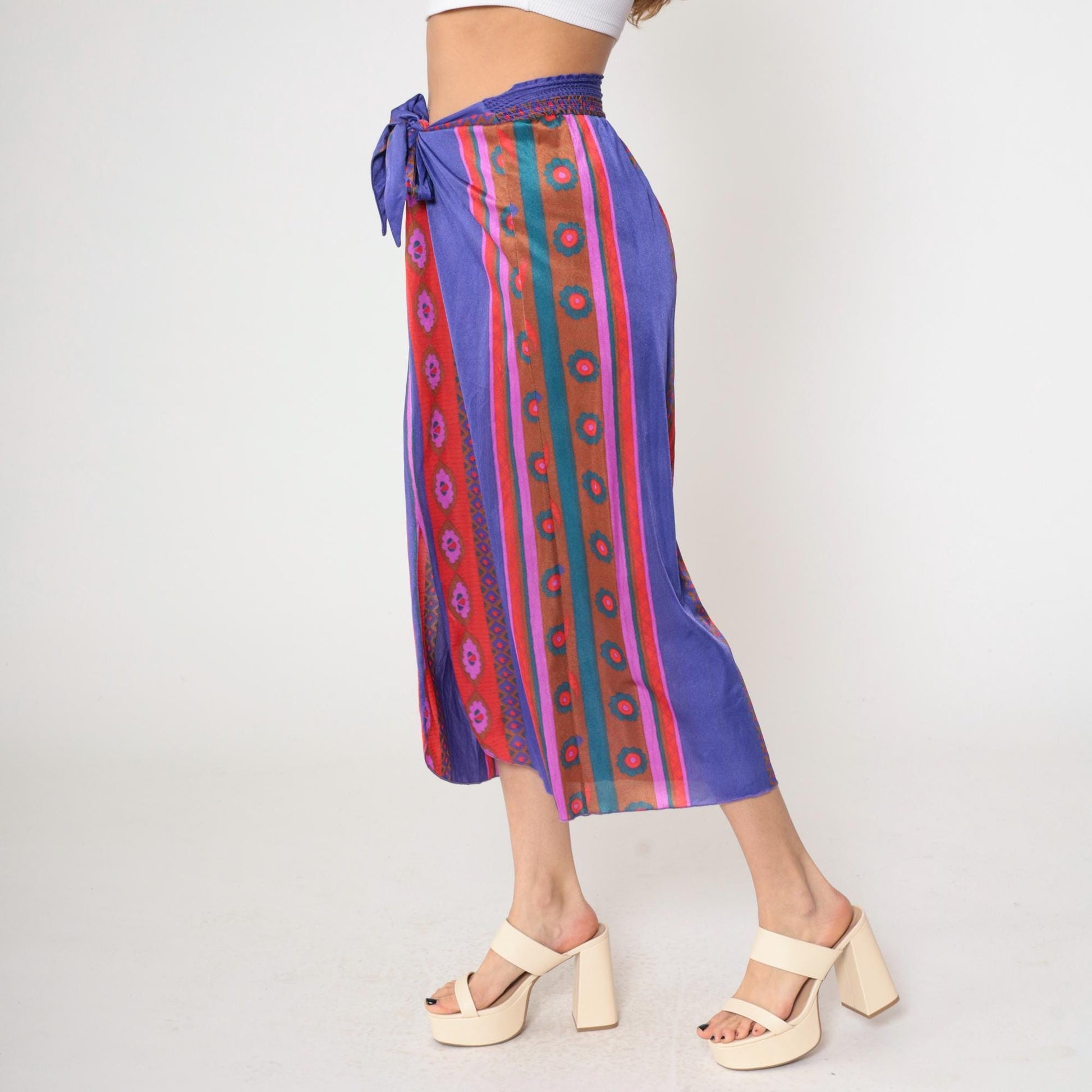 70s Stewart Striped Midi Skirt Purple Red Tie Waist Front Slit Medium