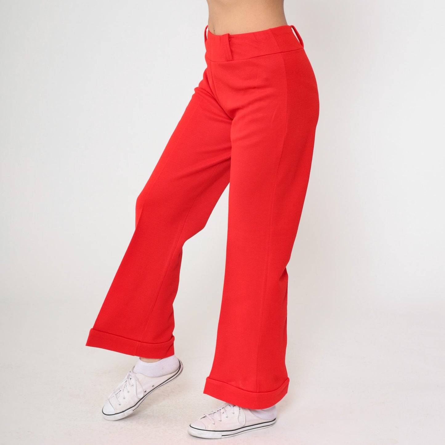 70s Red Flared High-Waist Trousers Cuffed Creased Vintage Pants Medium M