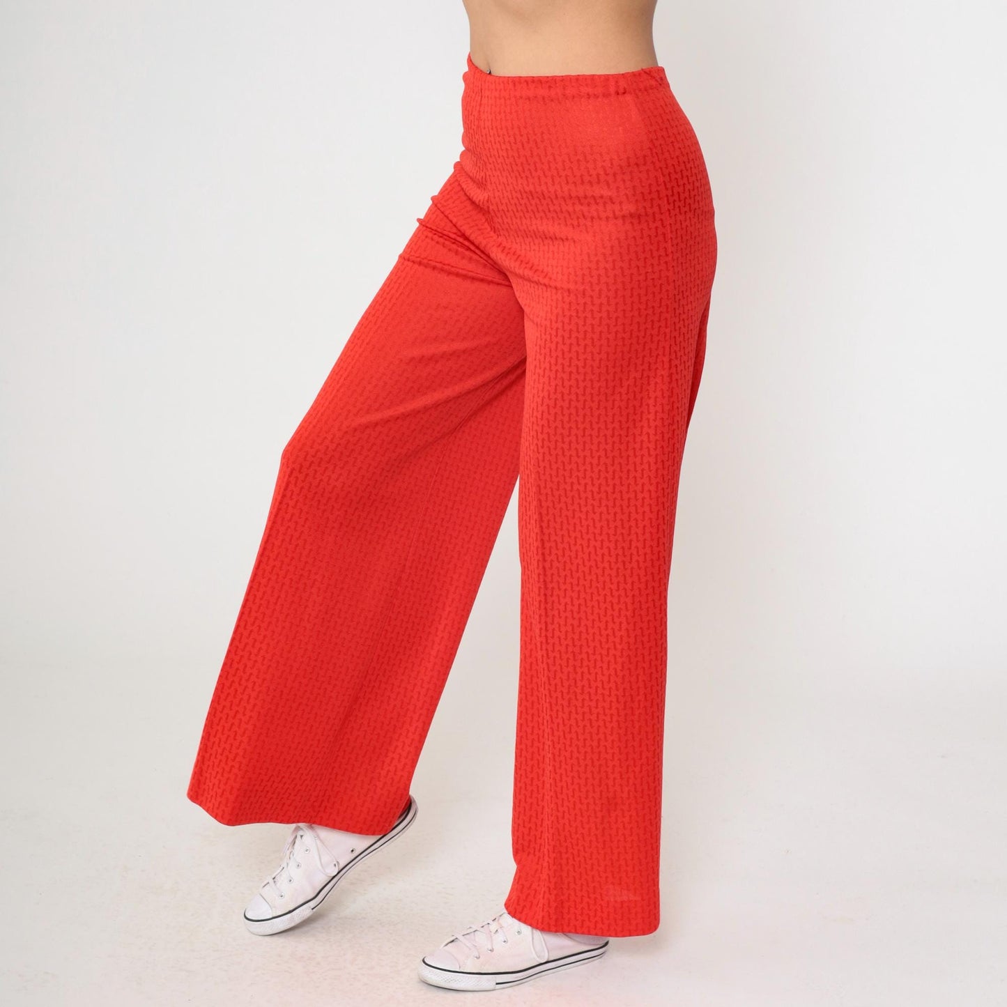 70s Red Wide Leg Flared Pants High Rise Geometric Texture Small Medium