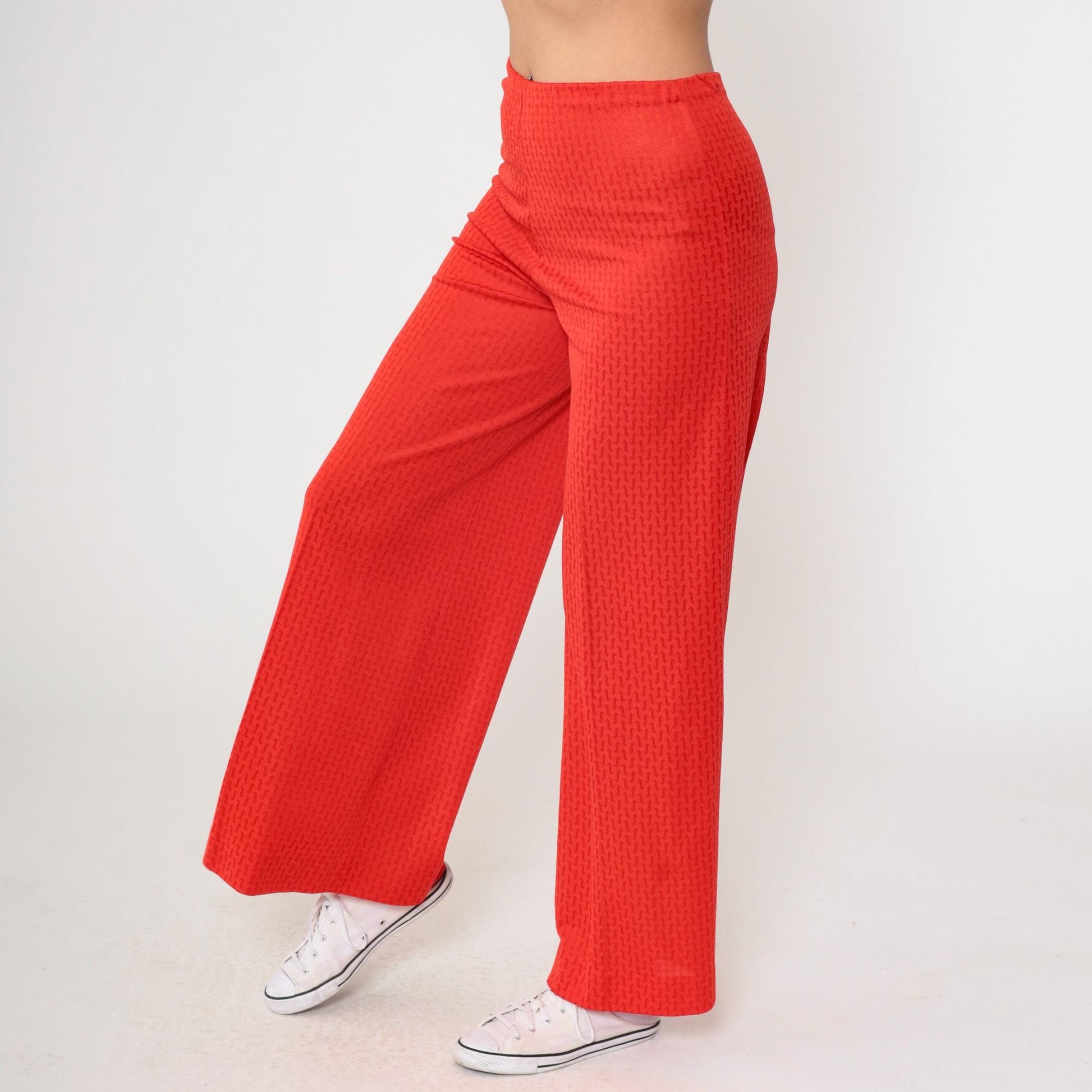 70s Red Wide Leg Flared Pants High Rise Geometric Texture Small Medium