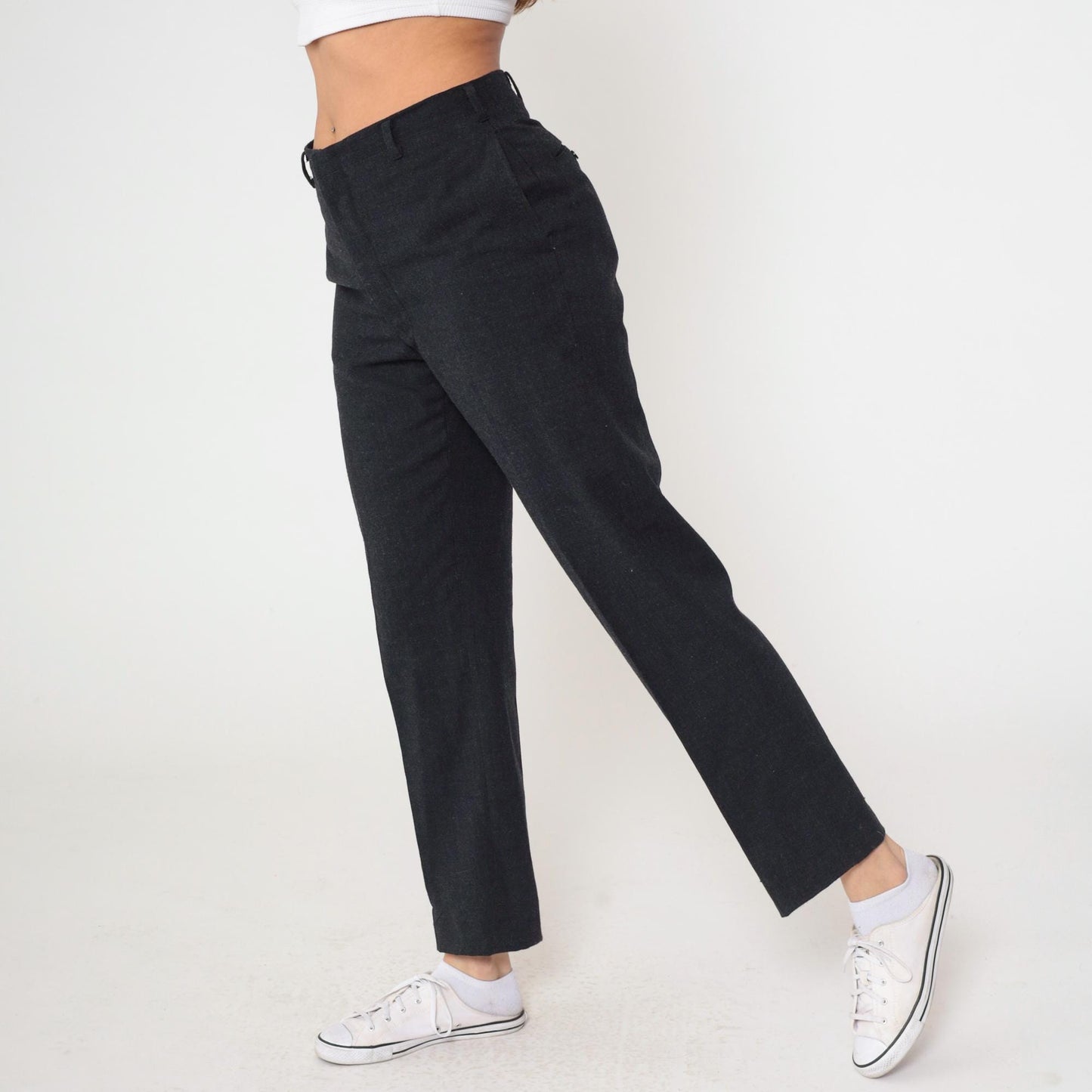 80s Wool Blend High-Waisted Straight Leg Trousers Charcoal Grey Medium