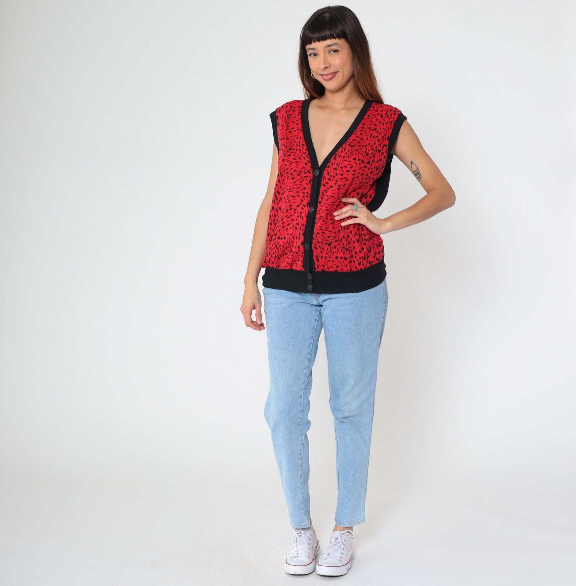 80s C'est George Red Leopard Print Vest V-Neck Sleeveless Button-Up Large L