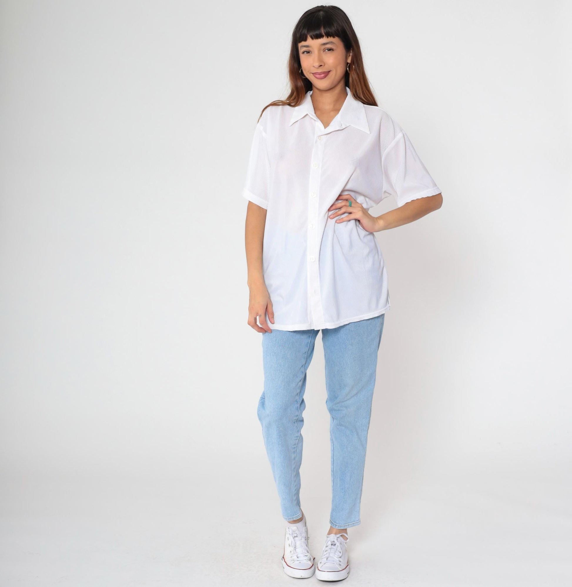 90s Positano White Ribbed Button Up Shirt Short Sleeve Collared Extra Large XL