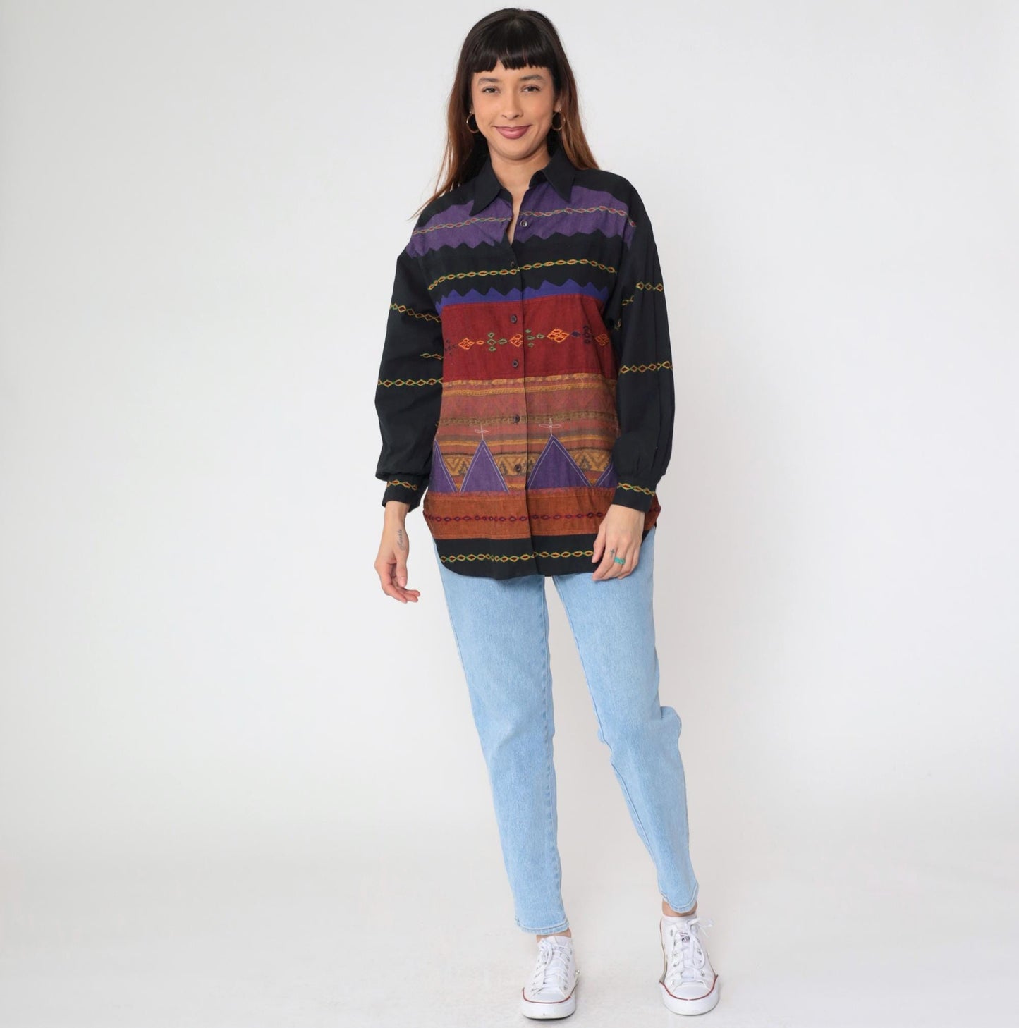 90s Sandy Starkman Geometric Patchwork Button Up Shirt Black Cotton Small