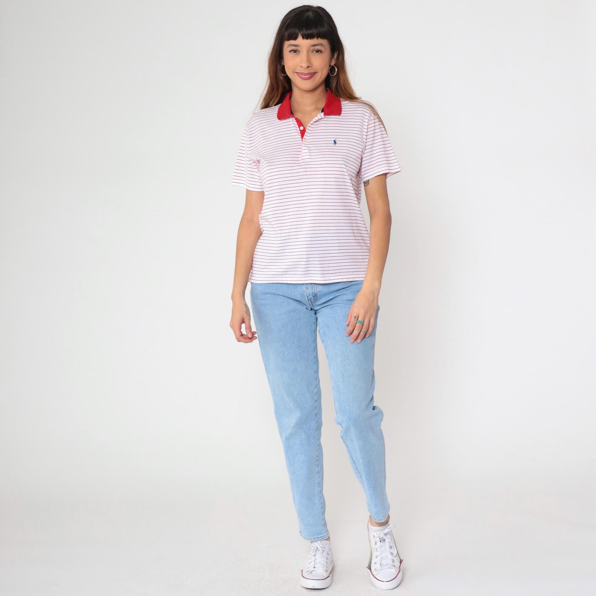 Y2K Ralph Lauren Golf Striped Polo Red White Quarter-Button Short Sleeve Medium