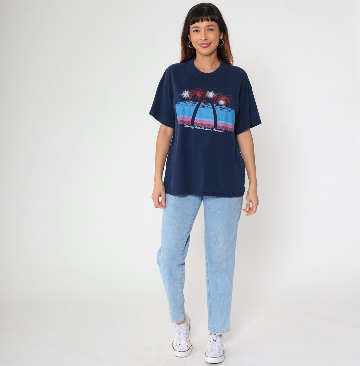 80s Gateway Arch St. Louis Missouri Graphic T-Shirt Navy Single Stitch Large
