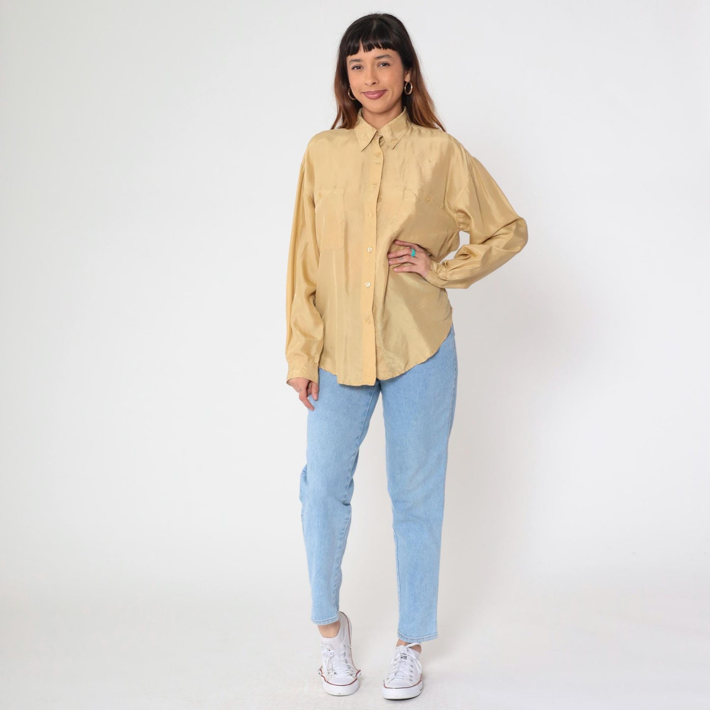 90s Champagne Silk Button-Up Blouse Long Sleeve Chest Pocket Small