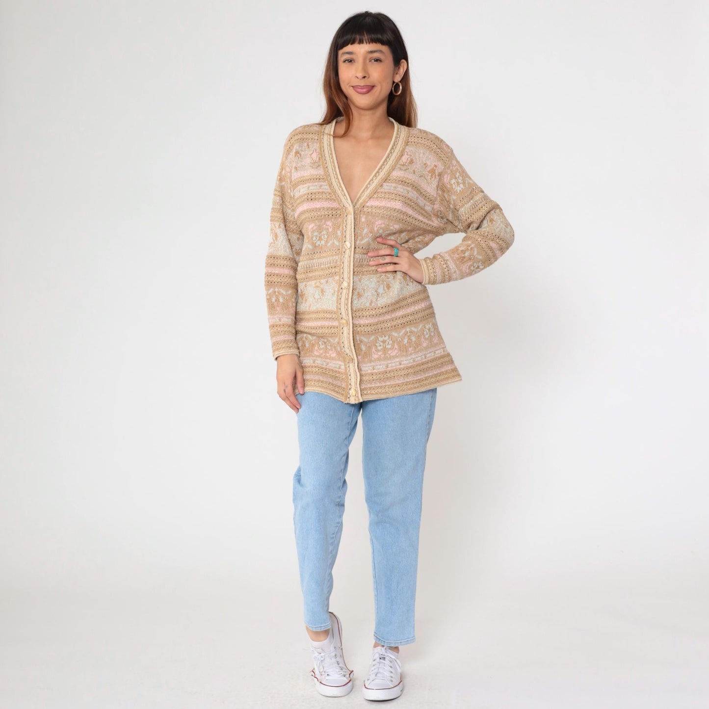 90s Lizsport Gold Floral Cardigan Sweater Tan Metallic Knit V Neck Small S