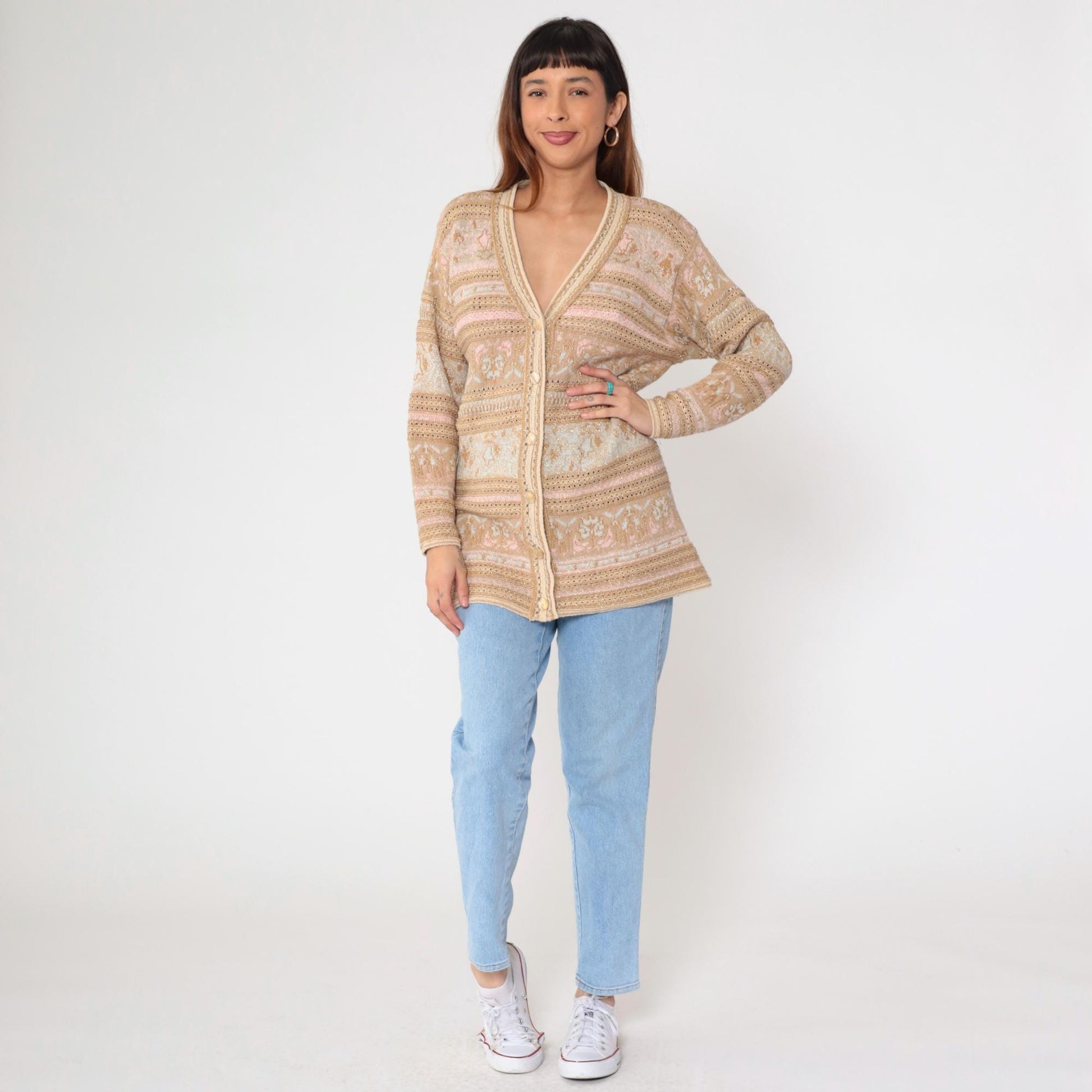 90s Lizsport Gold Floral Cardigan Sweater Tan Metallic Knit V Neck Small S