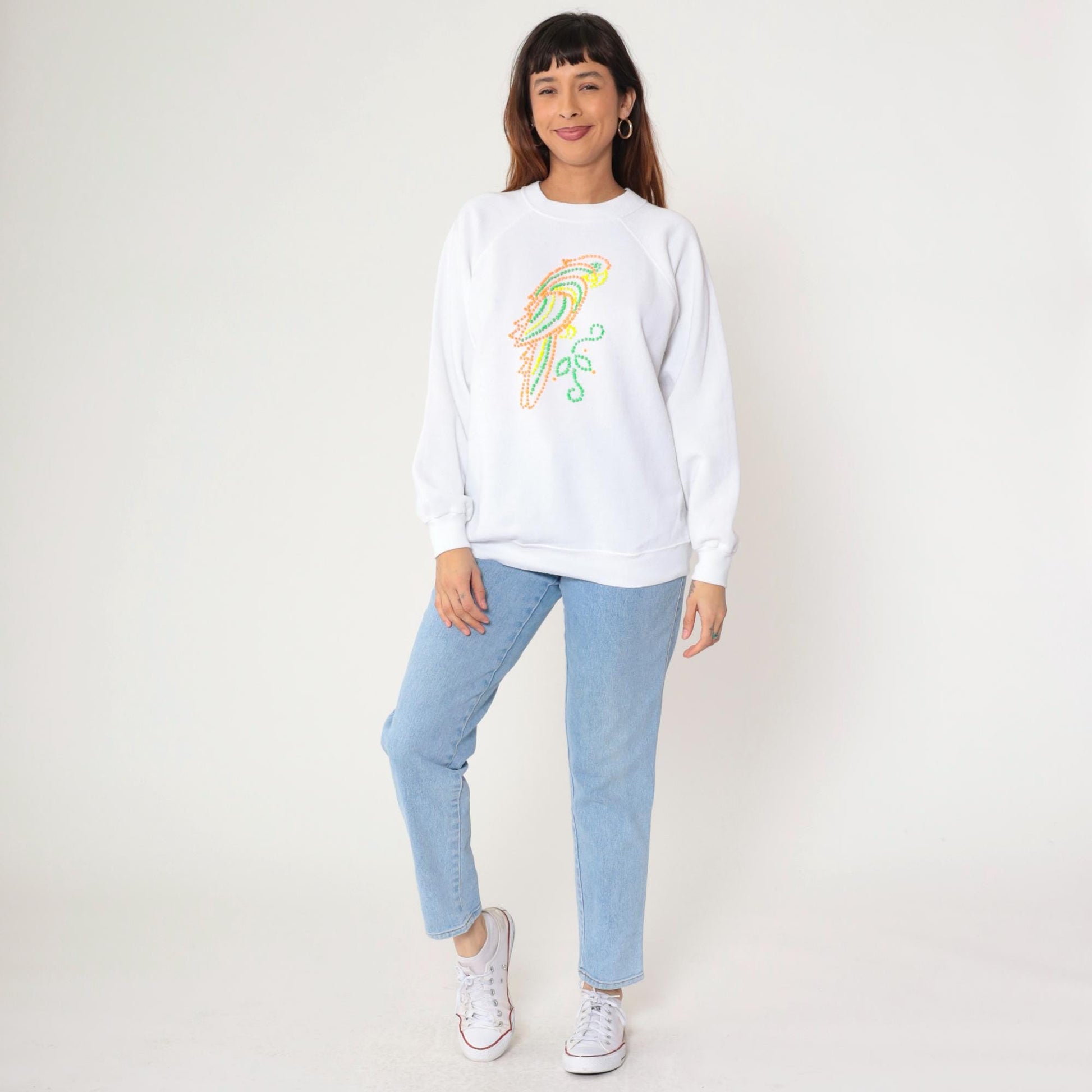 90s Neon Parrot Sweatshirt White Painted Graphic Raglan Crewneck Extra Large XL