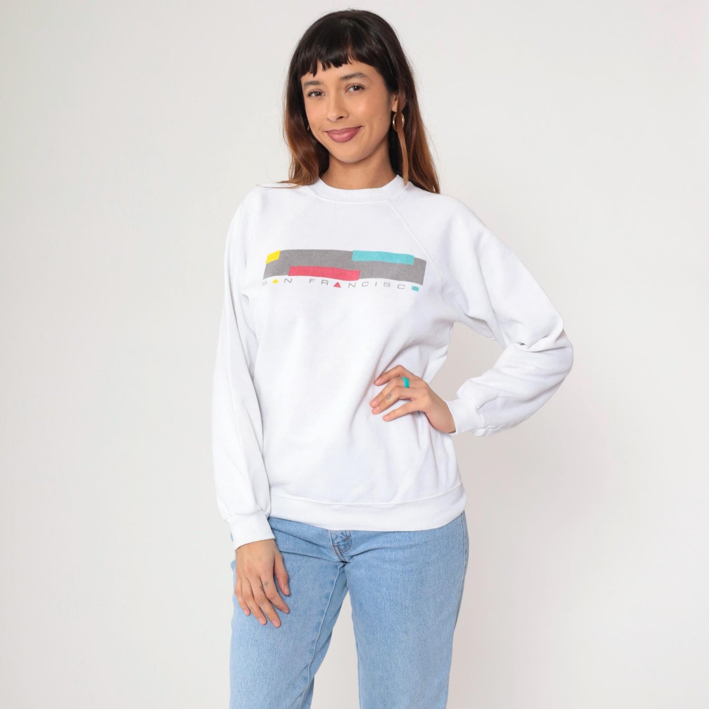 90s San Francisco Spellout Sweatshirt White Raglan Crewneck Medium