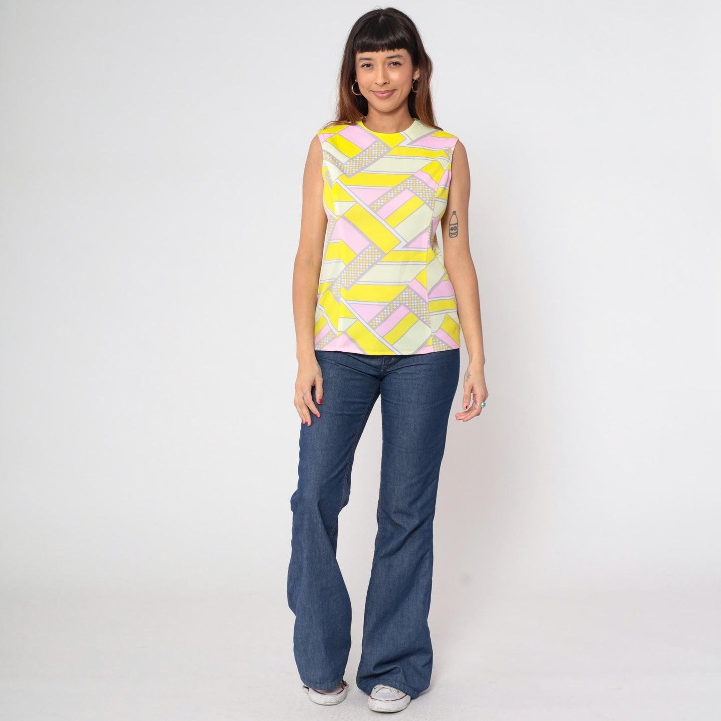 70s Geometric Tank Top Psychedelic Print Pink Yellow Sleeveless Medium M