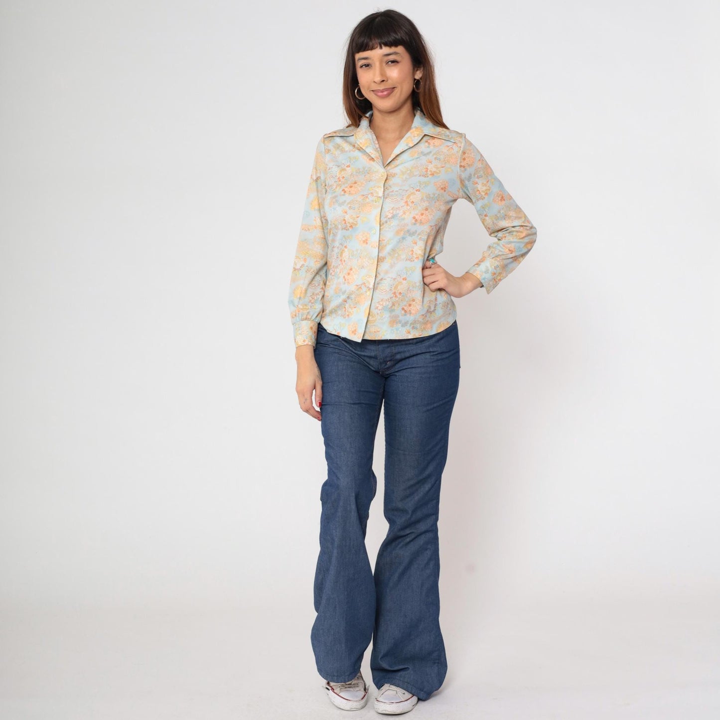 70s Sodi Floral Button-Up Blouse Blue Pointed Collar Long Sleeve Small