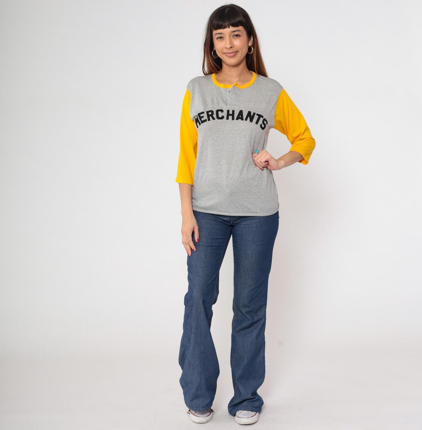 80s Merchants Baseball Shirt Grey Yellow Henley 3/4 Sleeve Medium