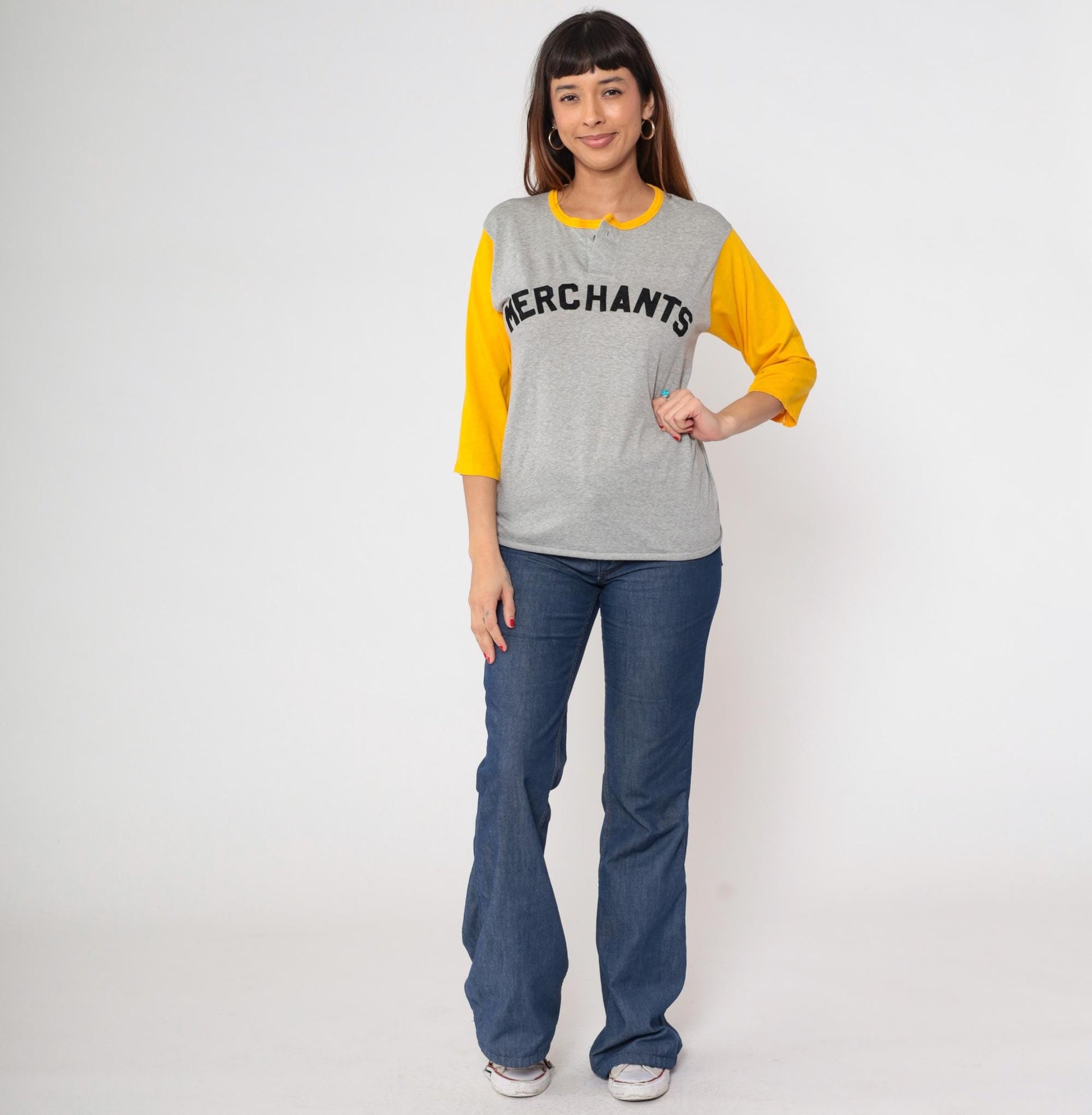 80s Merchants Baseball Shirt Grey Yellow Henley 3/4 Sleeve Medium