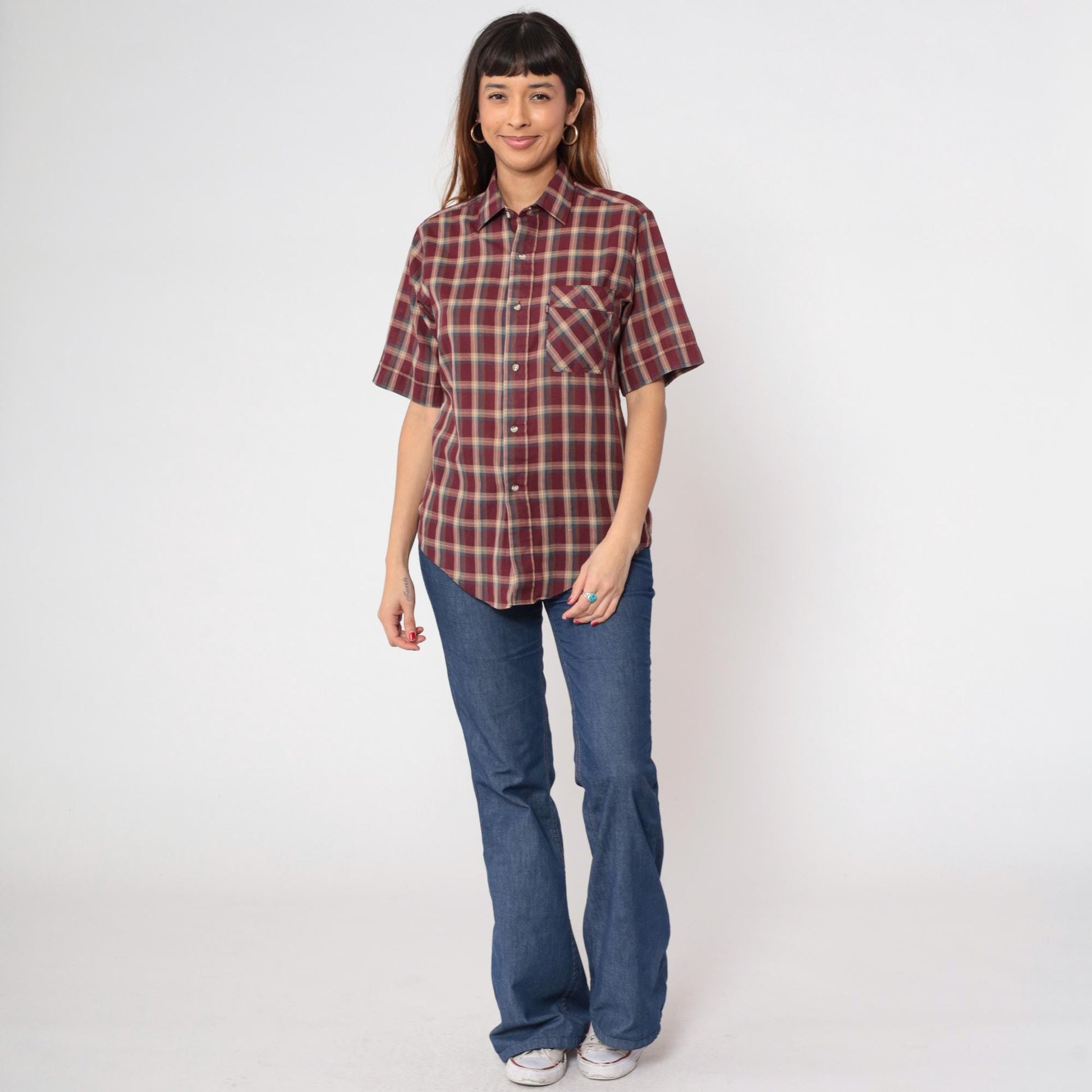 80s Levi's Plaid Button Up Shirt Burgundy Tan Checkered Short Sleeve Medium