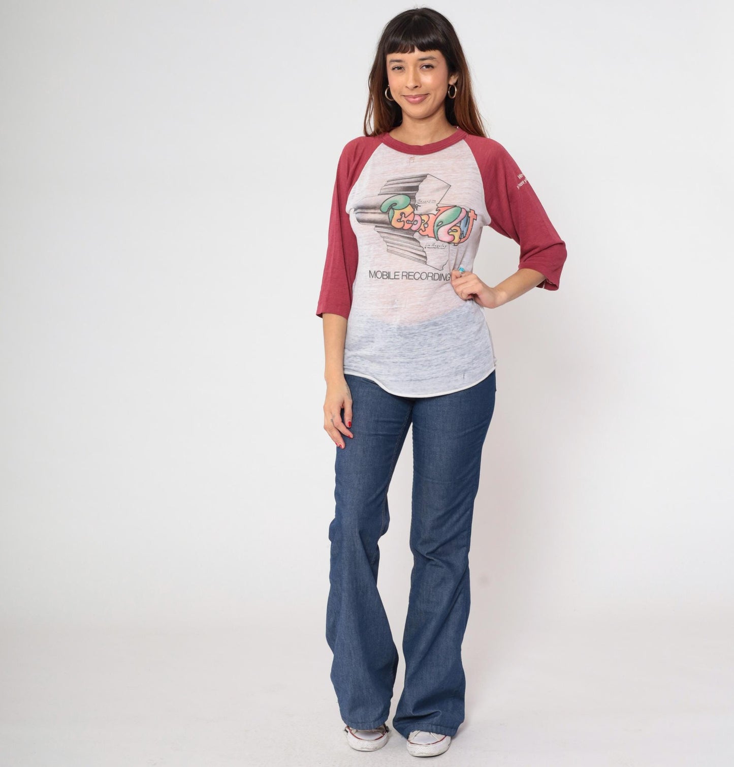 80s Record Plant Mobile Recording Raglan Tee White Maroon Burnout Medium Large