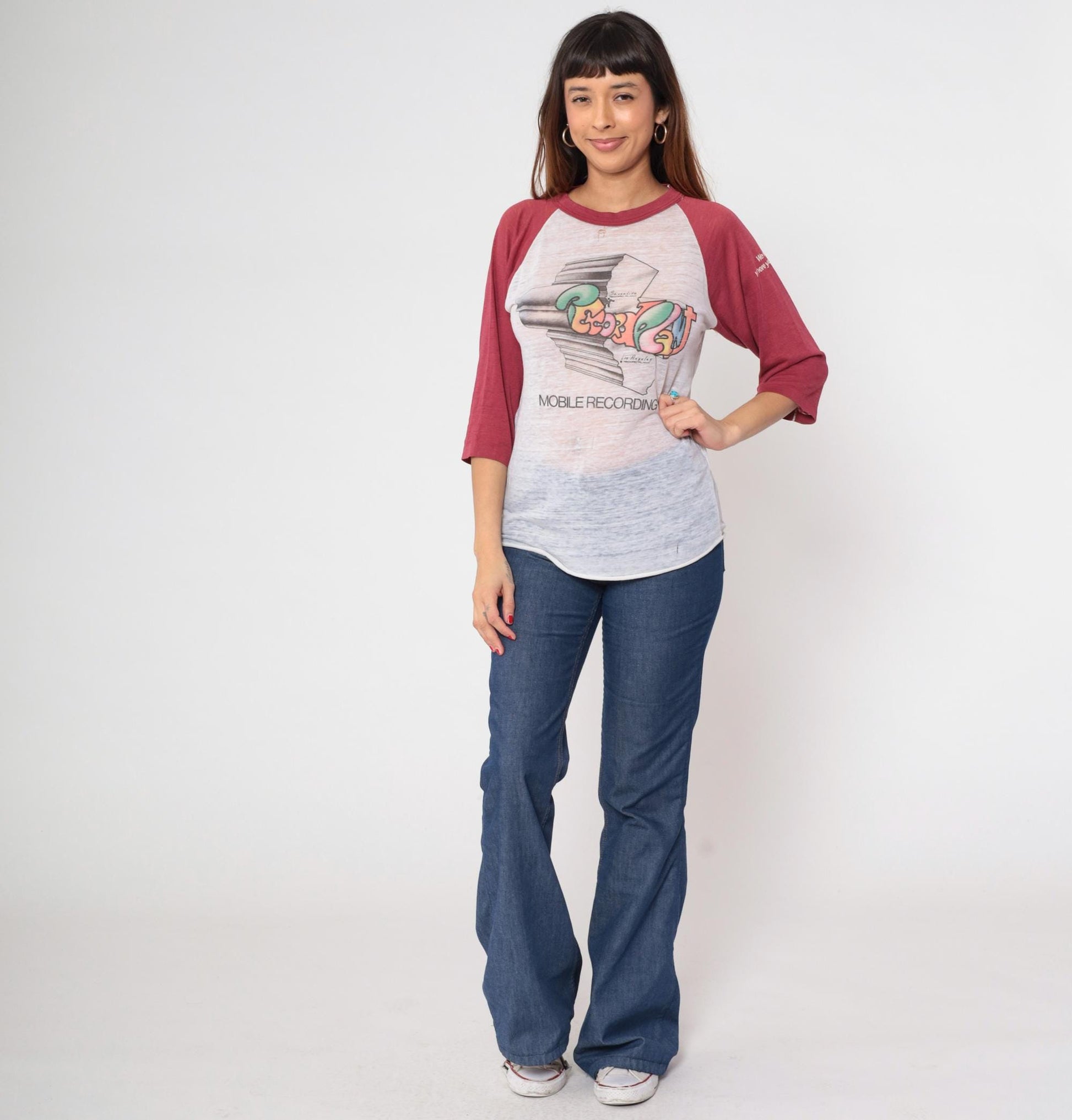 80s Record Plant Mobile Recording Raglan Tee White Maroon Burnout Medium Large