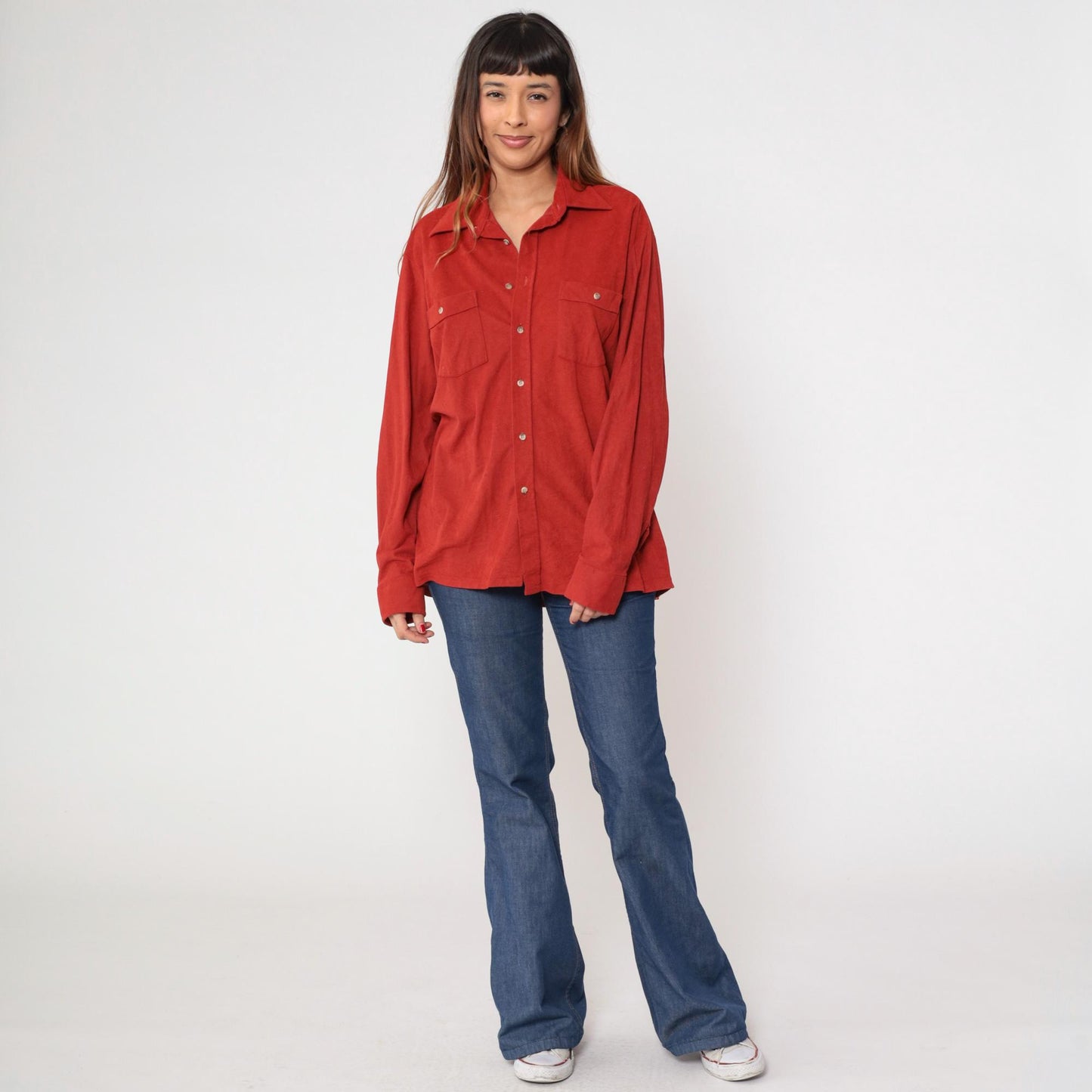 70s Prange's Rust Red Velour Button-Up Shirt Long Sleeve Collared Men's Large L