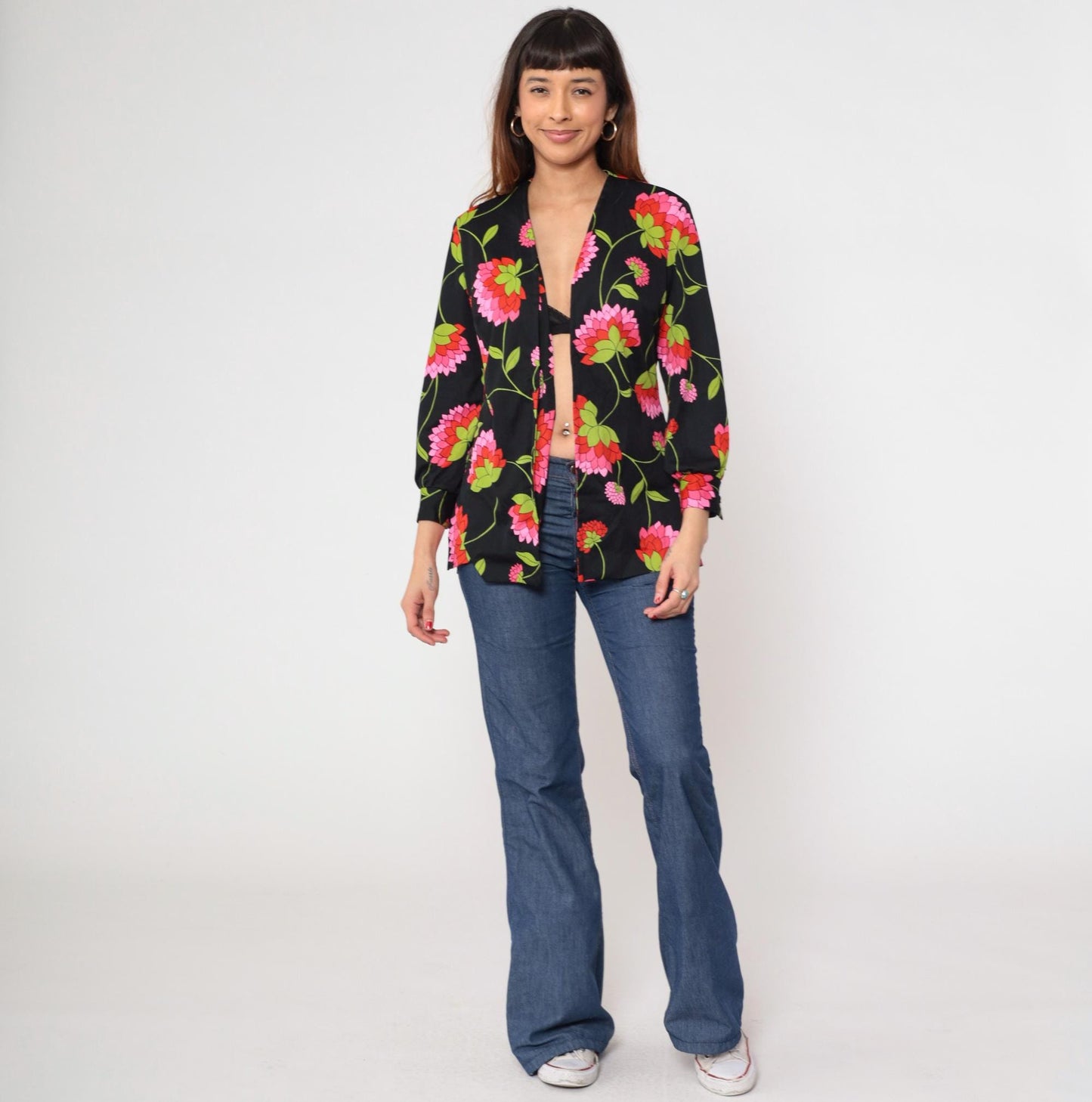 70s Black Floral Open Front Blouse Pink Green Print Long Sleeve Medium
