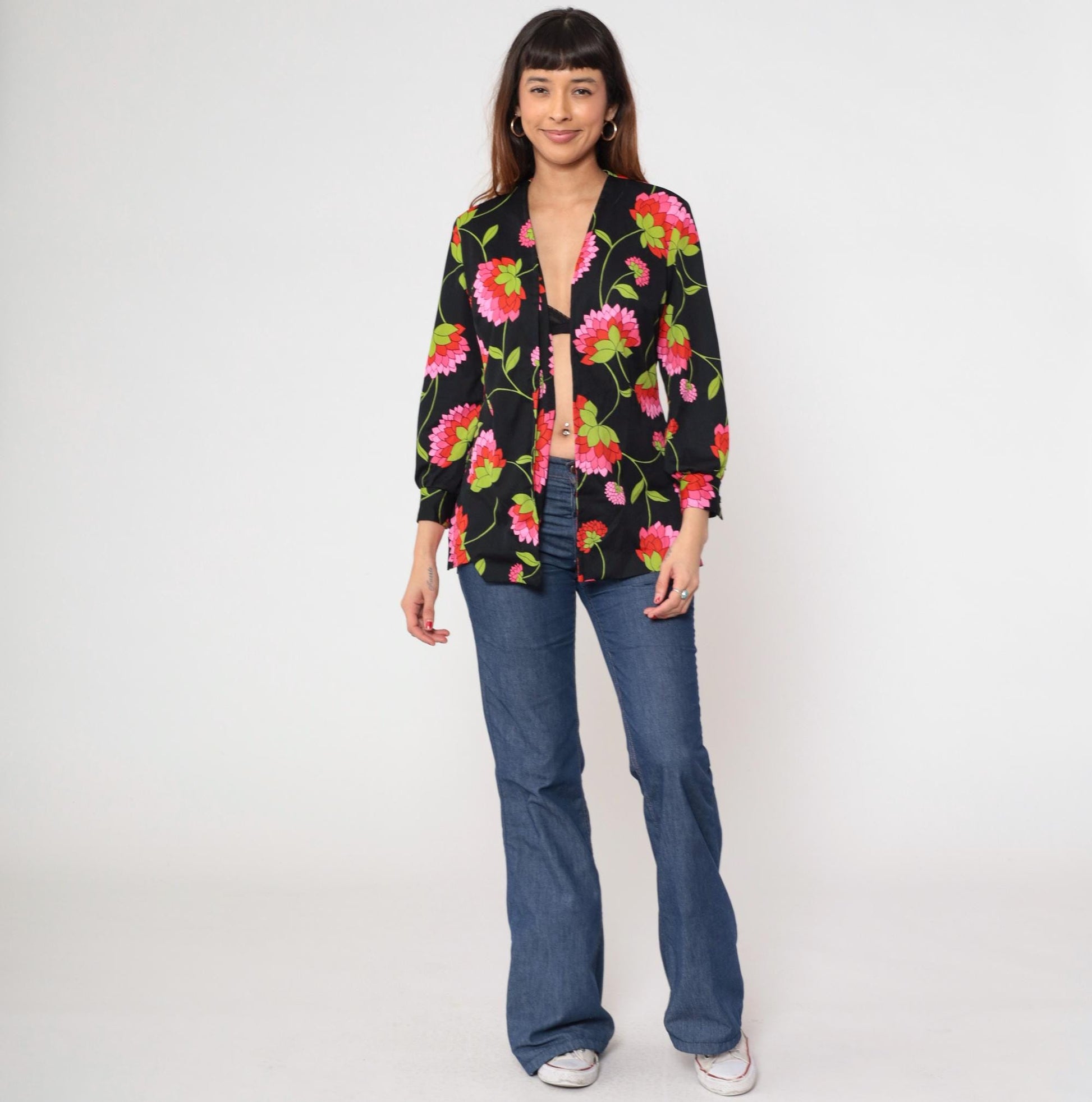 70s Black Floral Open Front Blouse Pink Green Print Long Sleeve Medium