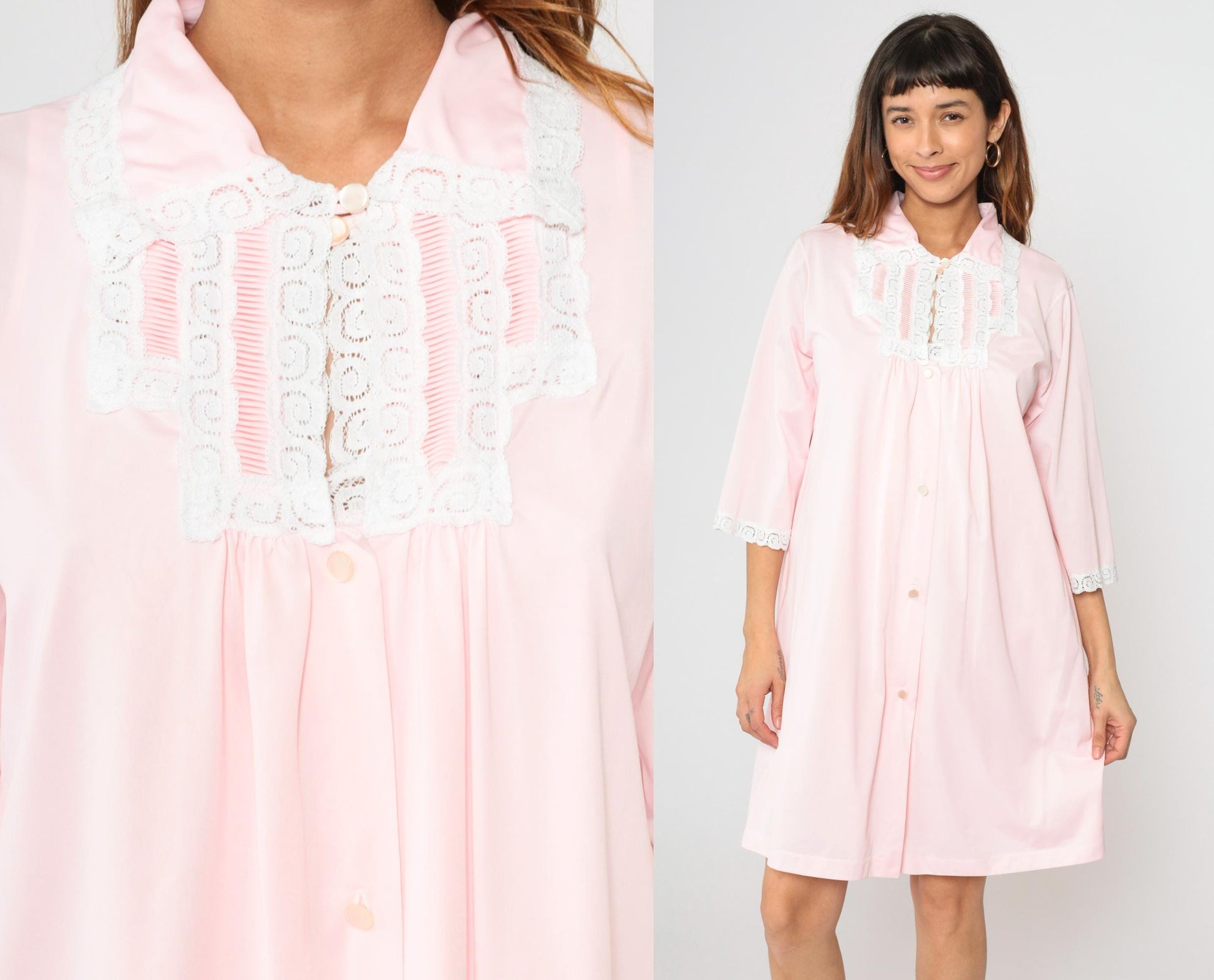 70s Baby Pink Nylon Nightgown & Robe Set Lace Trim Mini Large L