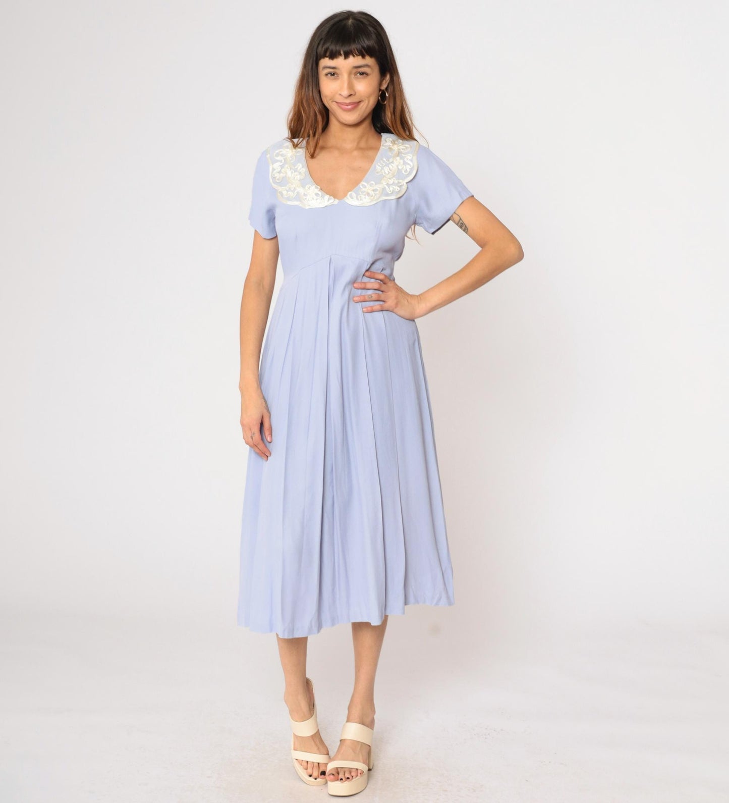90s Lavender Midi Dress Soutache Lace Collar High Waist Pleated Small