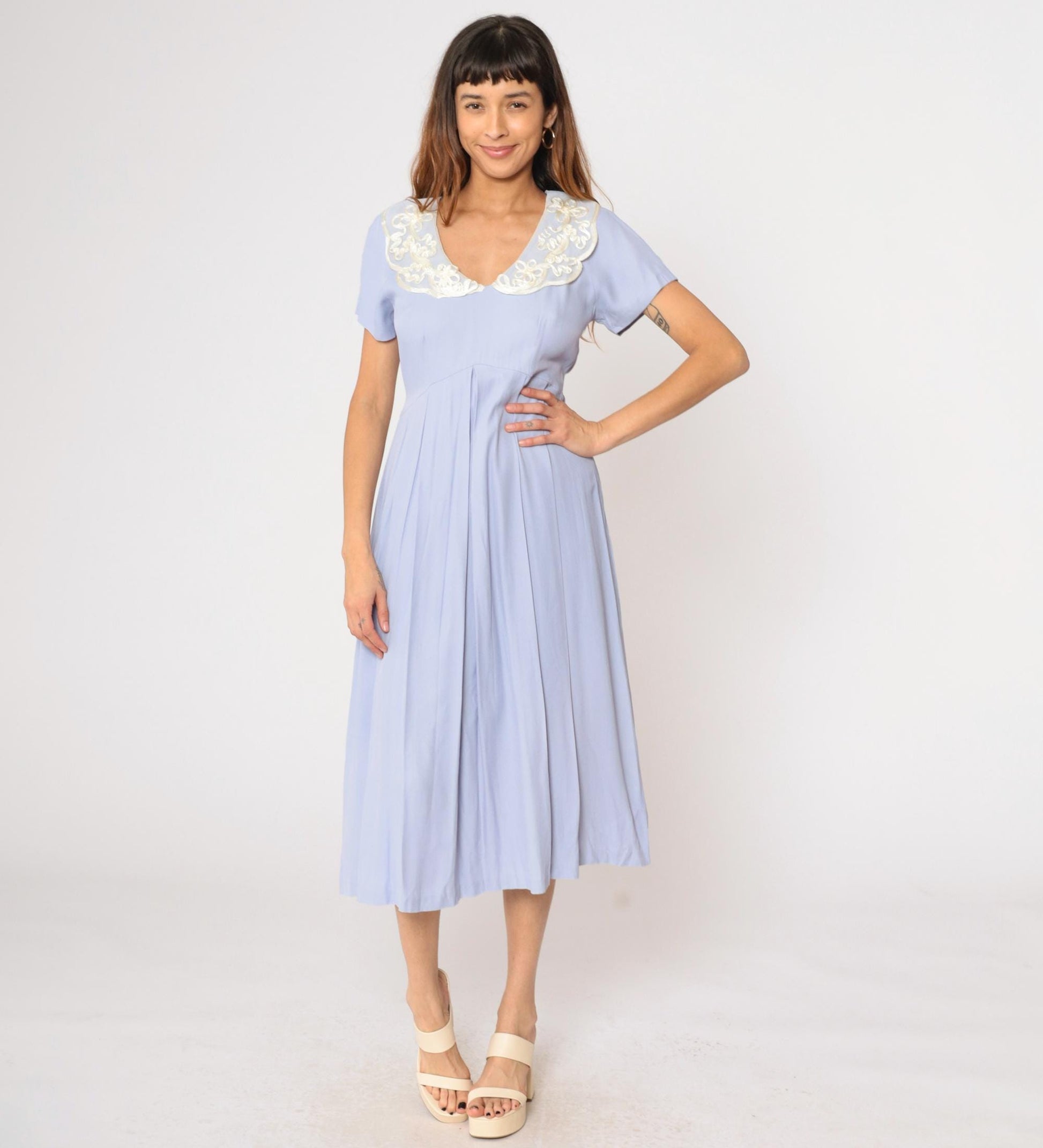90s Lavender Midi Dress Soutache Lace Collar High Waist Pleated Small