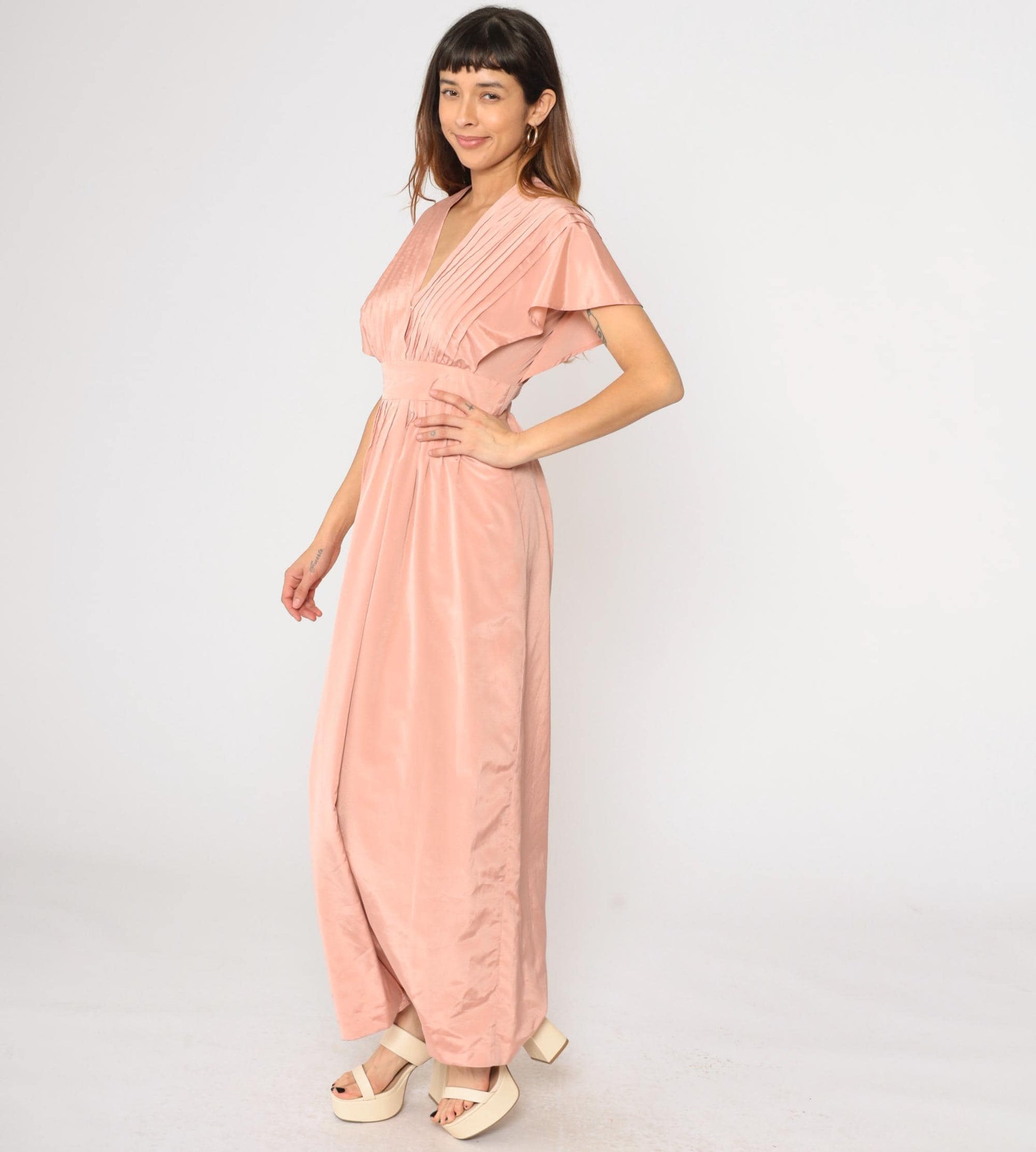 70s Pink Pleated Maxi Dress Flutter Sleeve V-Neck High Waist Front Slit Medium