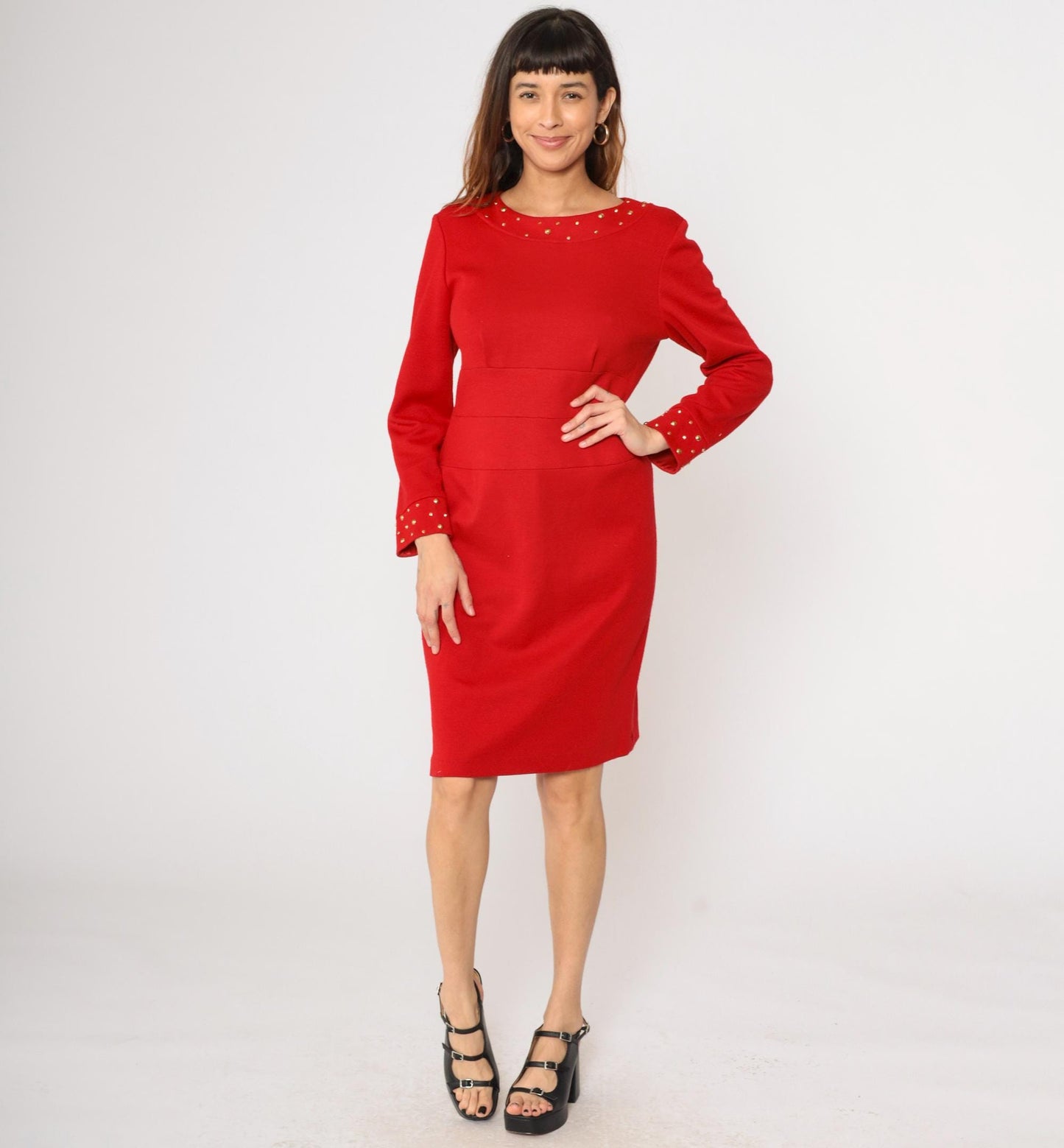80s Nicole Studio Red Studded Knit Dress Gold Trim Pencil High Waist Medium